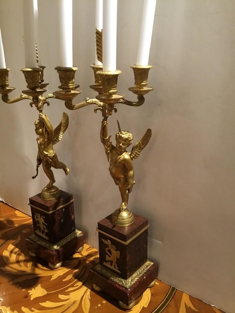 Pair of Napoleon III Gilt Bronze and Rouge Griotte Marble Four-Light Candelabrum In Good Condition In Houston, TX
