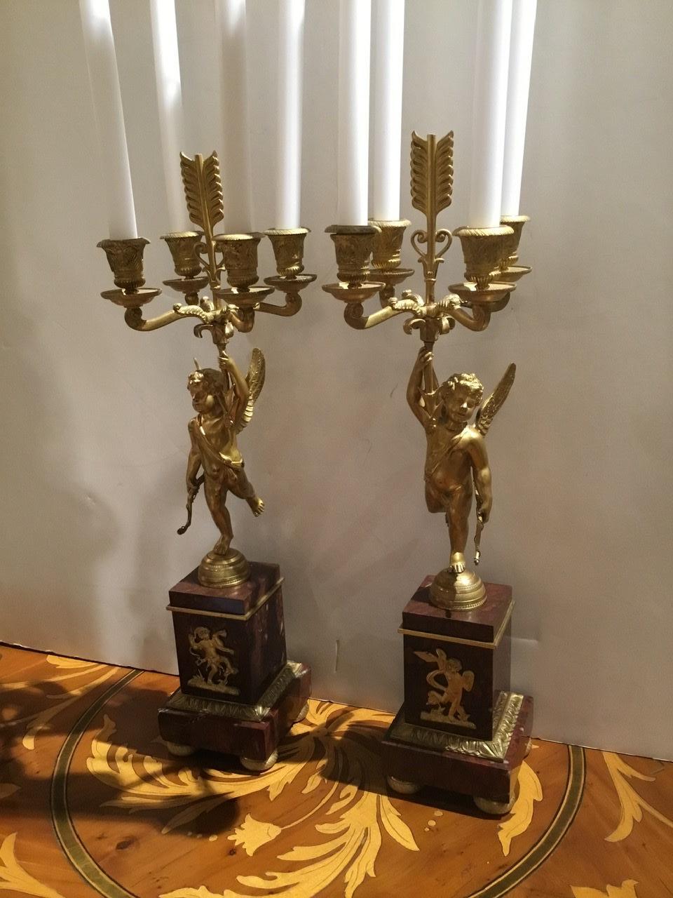 Pair of Napoleon III Gilt Bronze and Rouge Griotte Marble Four-Light Candelabrum 1