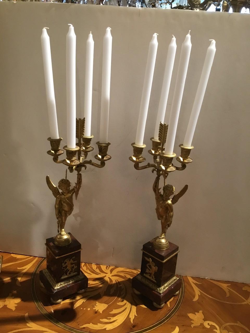 Pair of Napoleon III Gilt Bronze and Rouge Griotte Marble Four-Light Candelabrum 2