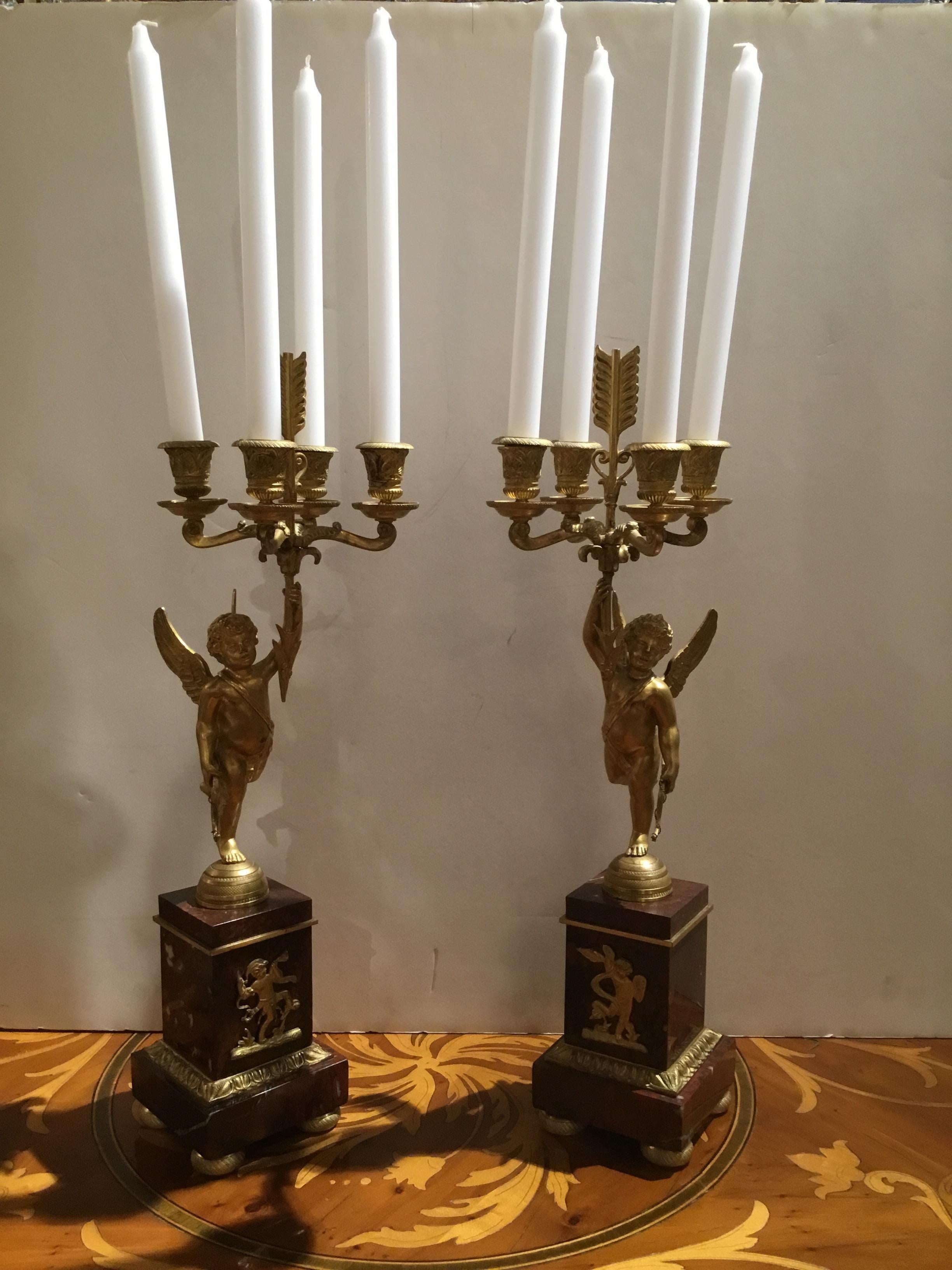 Pair of Napoleon III Gilt Bronze and Rouge Griotte Marble Four-Light Candelabrum 3