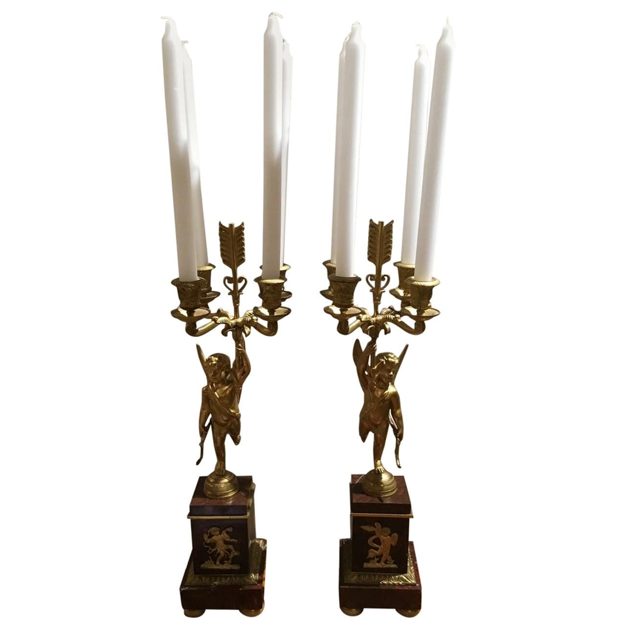 Pair of Napoleon III Gilt Bronze and Rouge Griotte Marble Four-Light Candelabrum