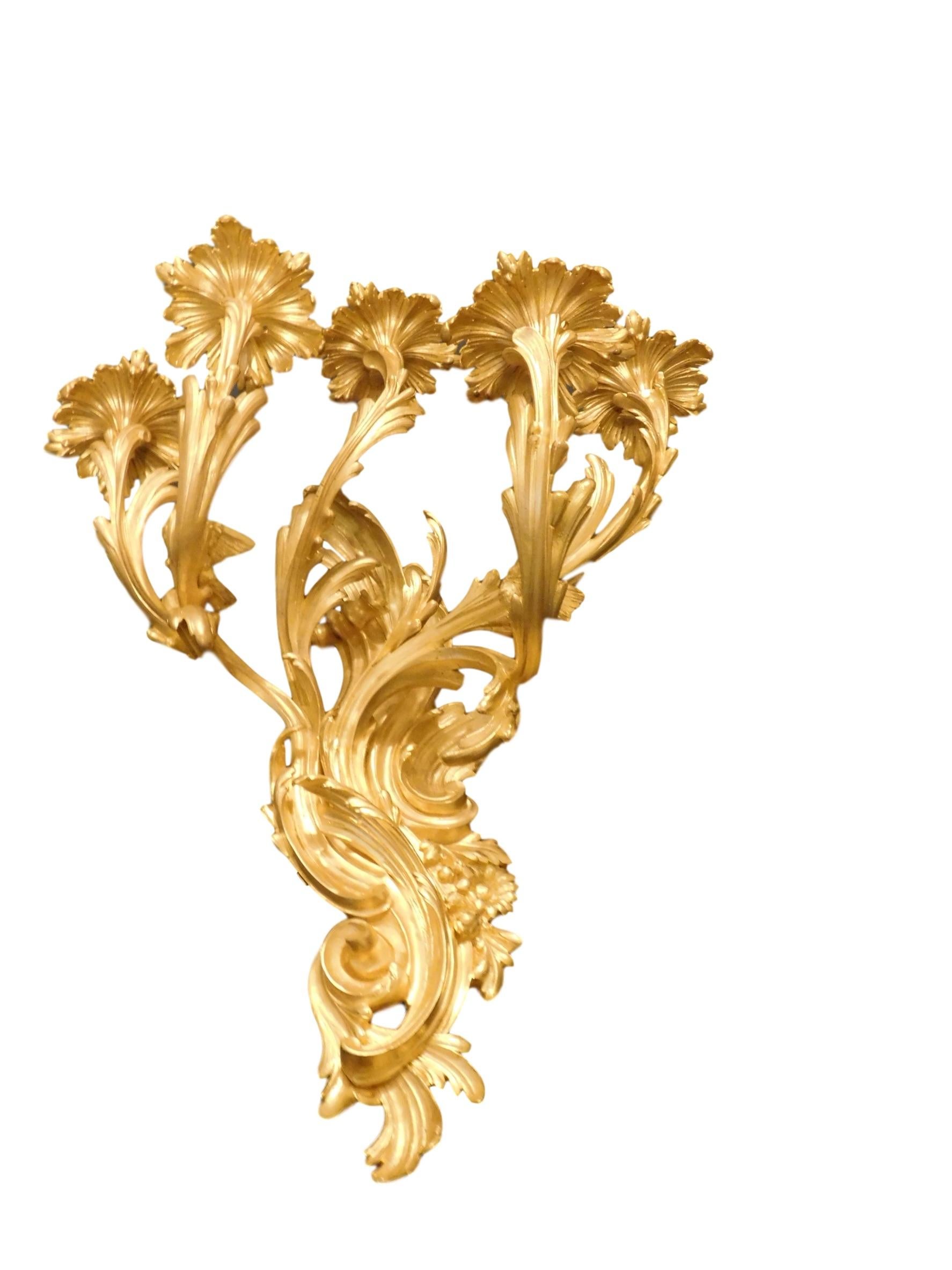 Impressive pair of Napoleon III period gold bronze five-light candle sconces by Victor Paillard. Exquisitely cast 22-karet mercury gold bronze body with a deep, warm and glowing patina. Mercury gold bronze is rare and is recognized for its finest