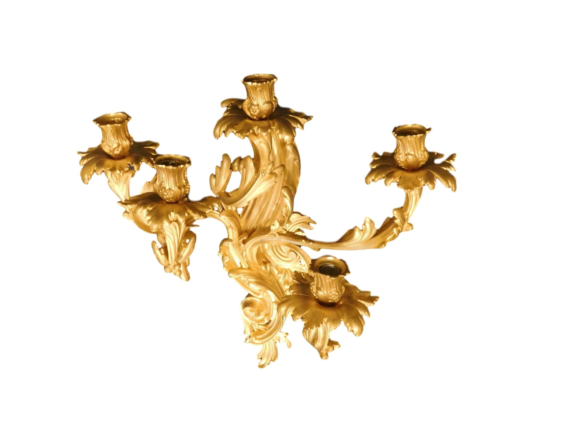 Gilt Pair of Napoleon III Gold Bronze Candle Sconces by Victor Paillard, Paris, 1860 For Sale