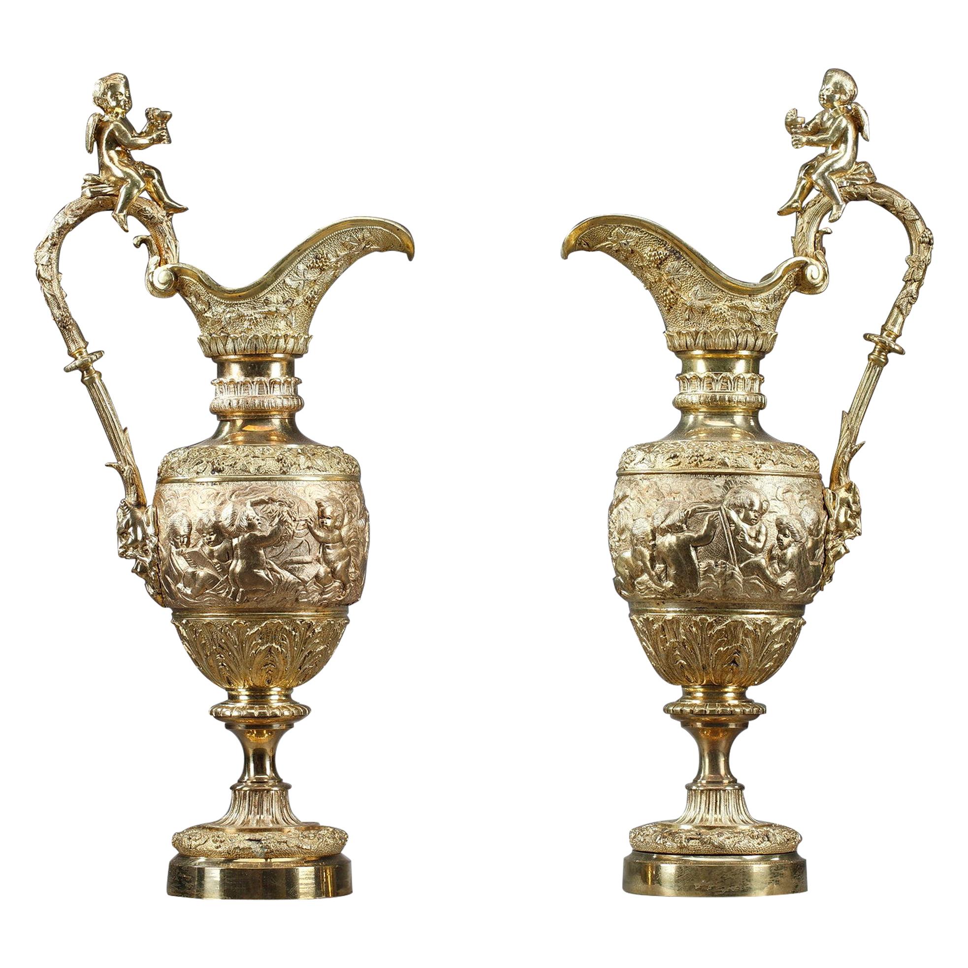 Pair of Napoleon III Gilt Bronze Ewers