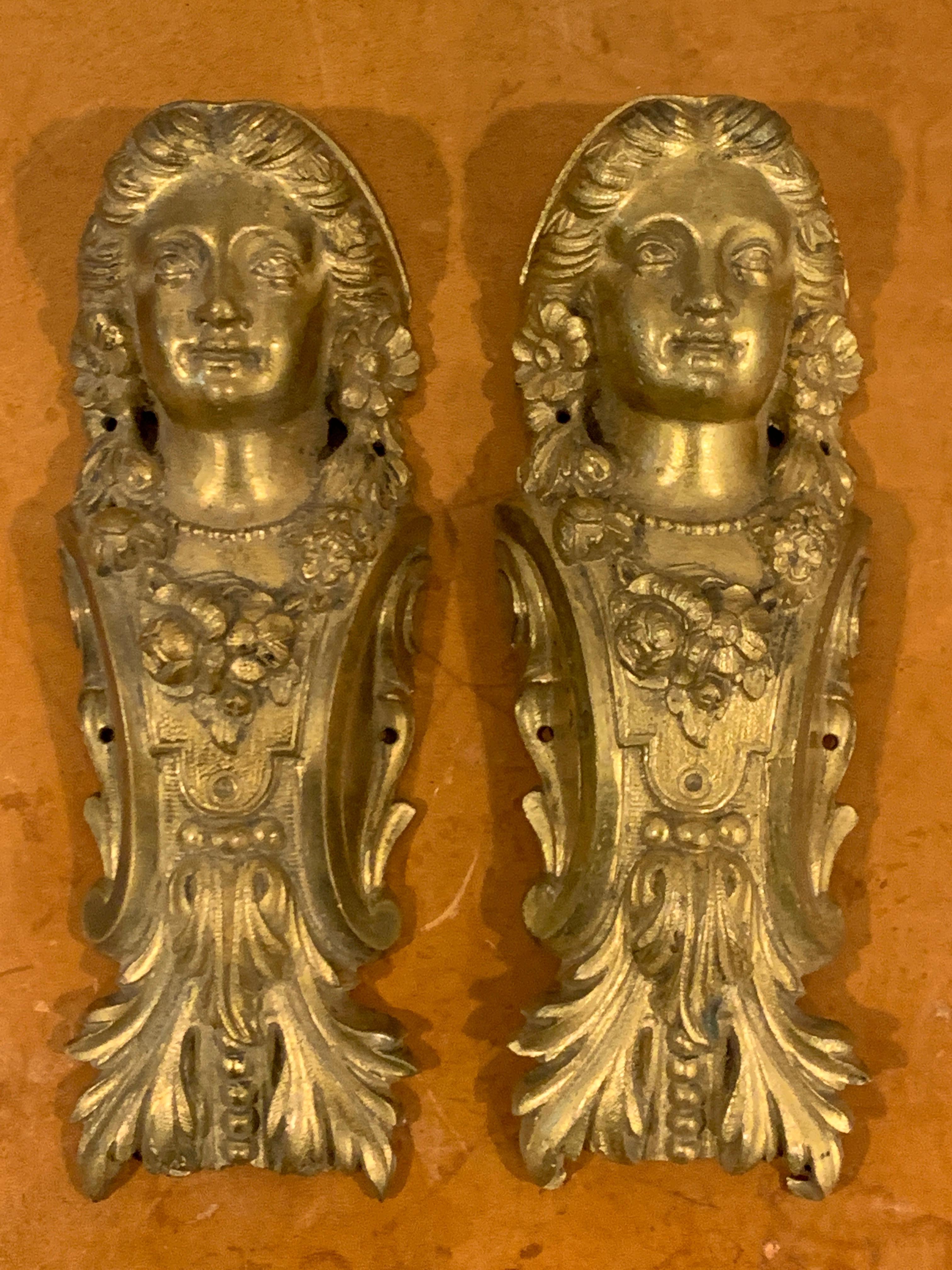 French Pair of Napoleon III Gilt Bronze Female Medallion Furniture Mounts