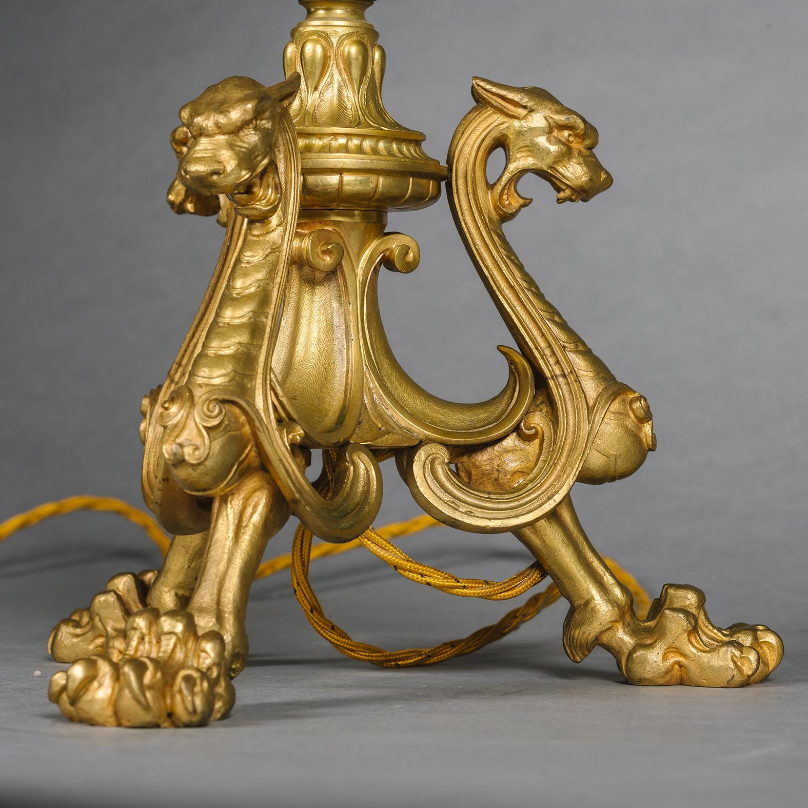 French Pair of Napoleon III Gilt-Bronze Five-Light Candelabra, Fitted As Lamps For Sale