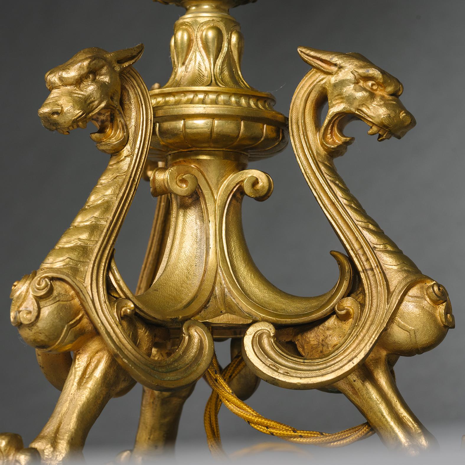 Pair of Napoleon III Gilt-Bronze Five-Light Candelabra, Fitted As Lamps In Good Condition For Sale In Brighton, West Sussex