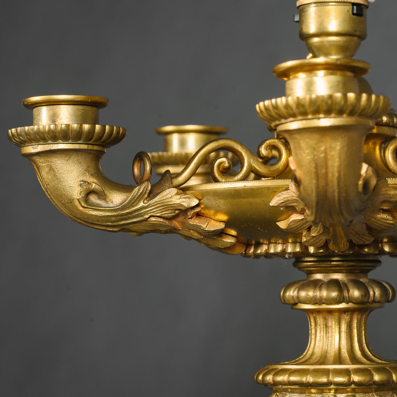 19th Century Pair of Napoleon III Gilt-Bronze Five-Light Candelabra, Fitted As Lamps For Sale