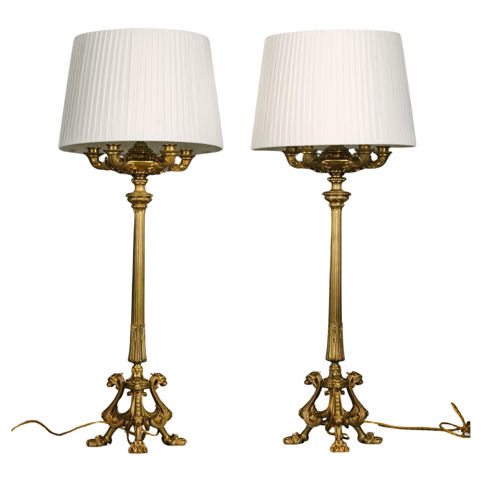 Pair of Napoleon III Gilt-Bronze Five-Light Candelabra, Fitted As Lamps For Sale