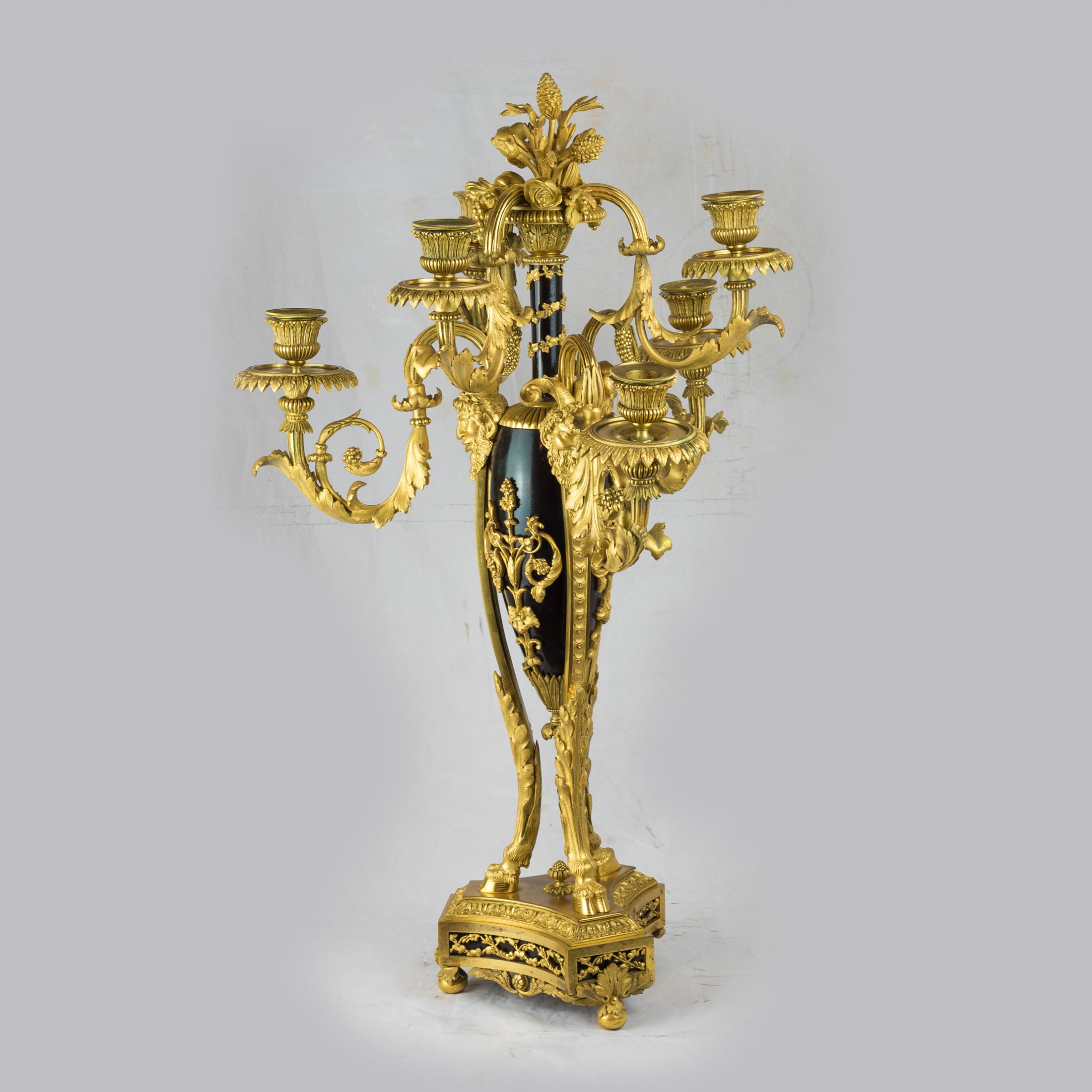 French Pair of Napoleon III Gilt-Bronze Six-Light Candelabras Attributed to Beurdeley For Sale