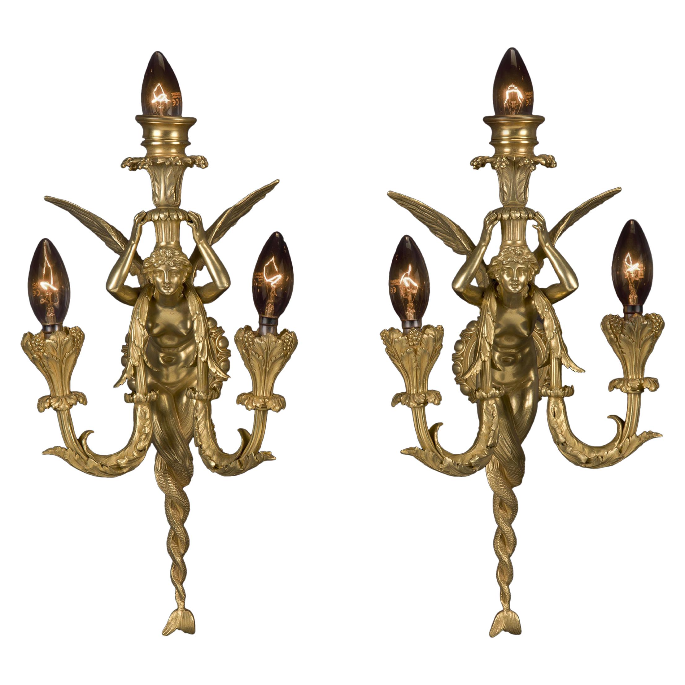 Pair of Napoléon III Gilt-Bronze Three-Light Wall Appliques, by Maison Millet For Sale