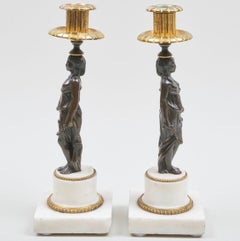 Pair of Napoleon III Gilt / Patinated-Bronze & Marble Caryatid Candlesticks