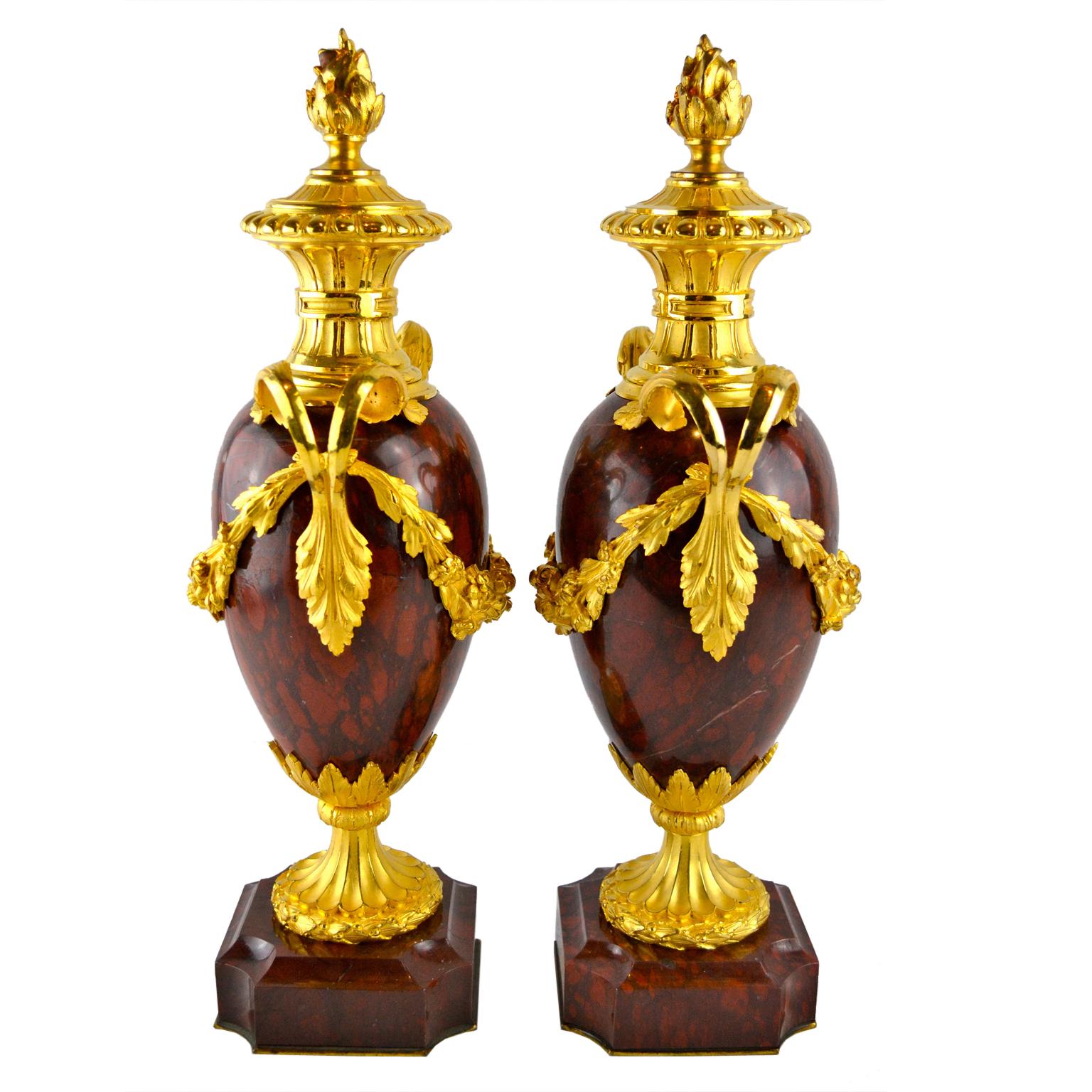 French Pair of Napoleon III Griotte Marble and Gilt Bronze Casolettes