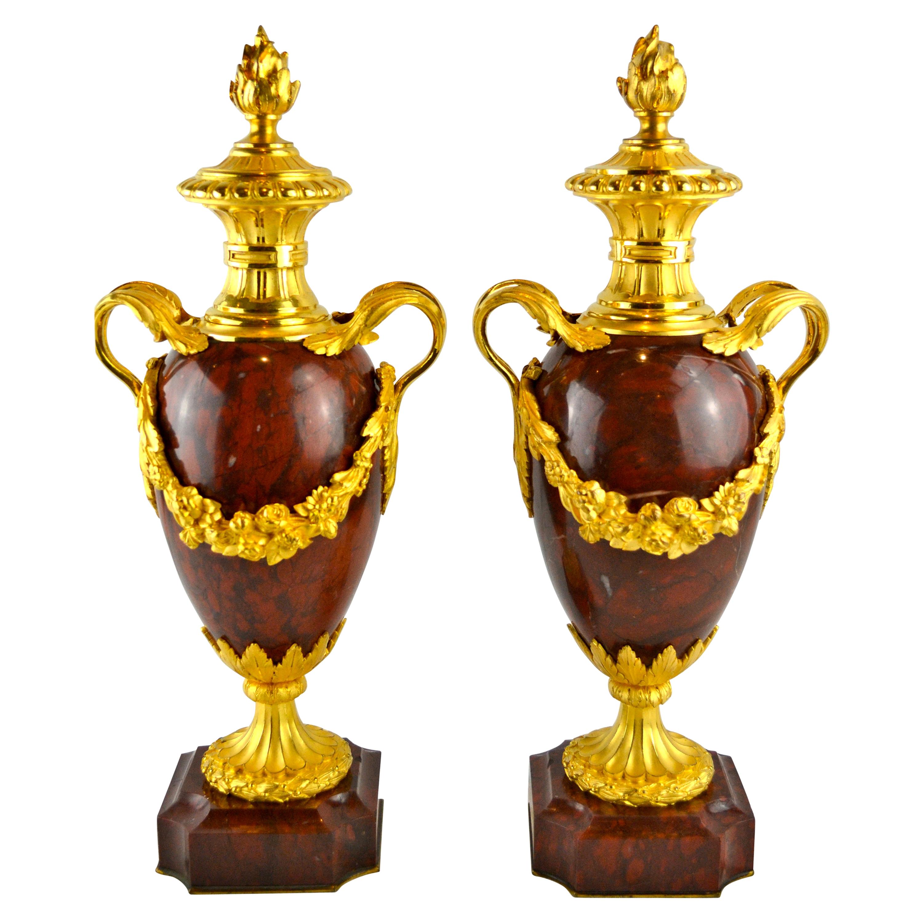 Pair of Napoleon III Griotte Marble and Gilt Bronze Casolettes