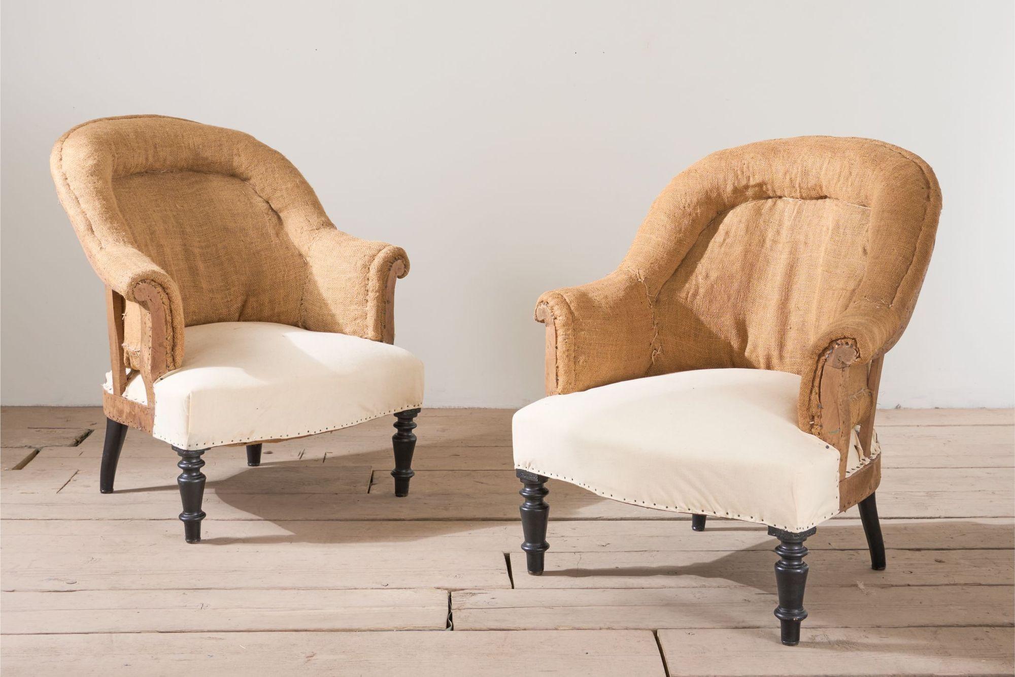 Paire de chaises baquet Napoléon III en toile de jute Excellent état - En vente à Malton, GB