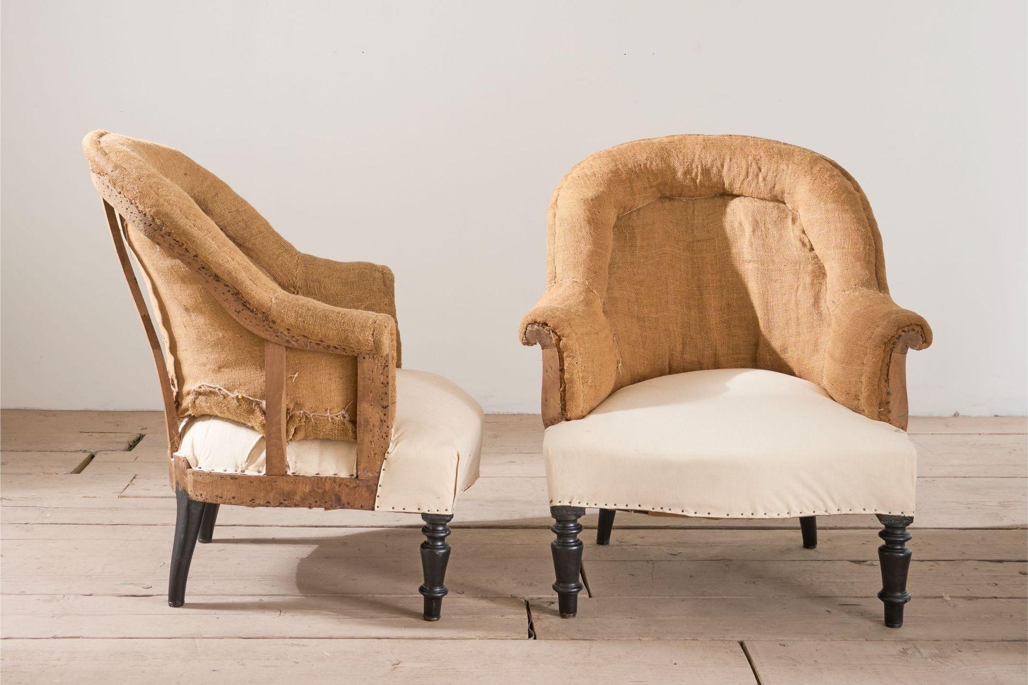 XIXe siècle Paire de chaises baquet Napoléon III en toile de jute en vente