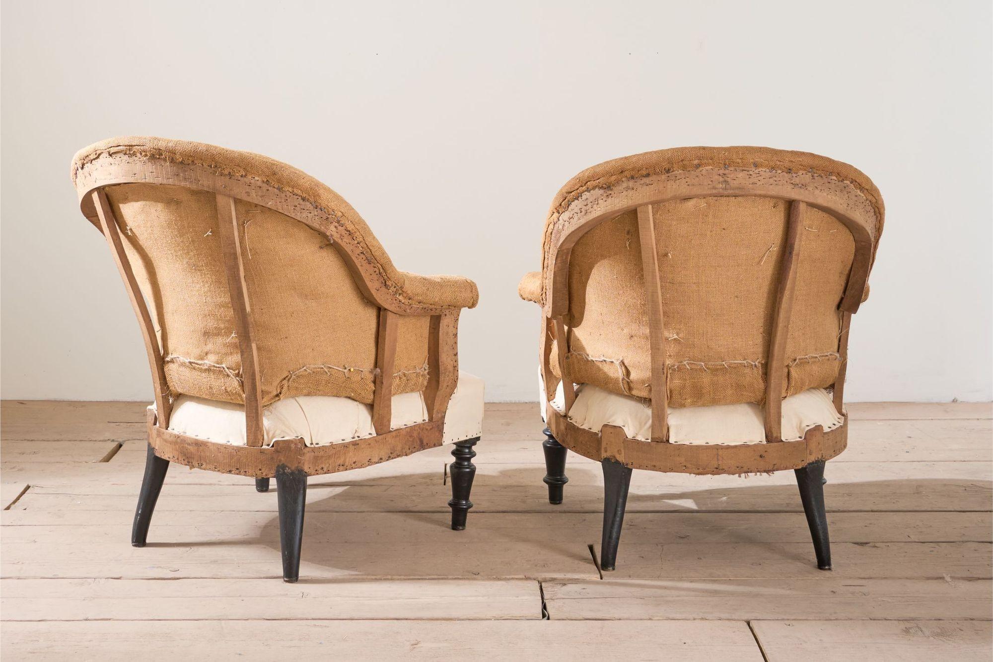 Hêtre Paire de chaises baquet Napoléon III en toile de jute en vente