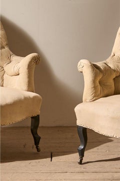 Paar Napoleon III Sessel mit gebogener Rückenlehne und hohem Knopf