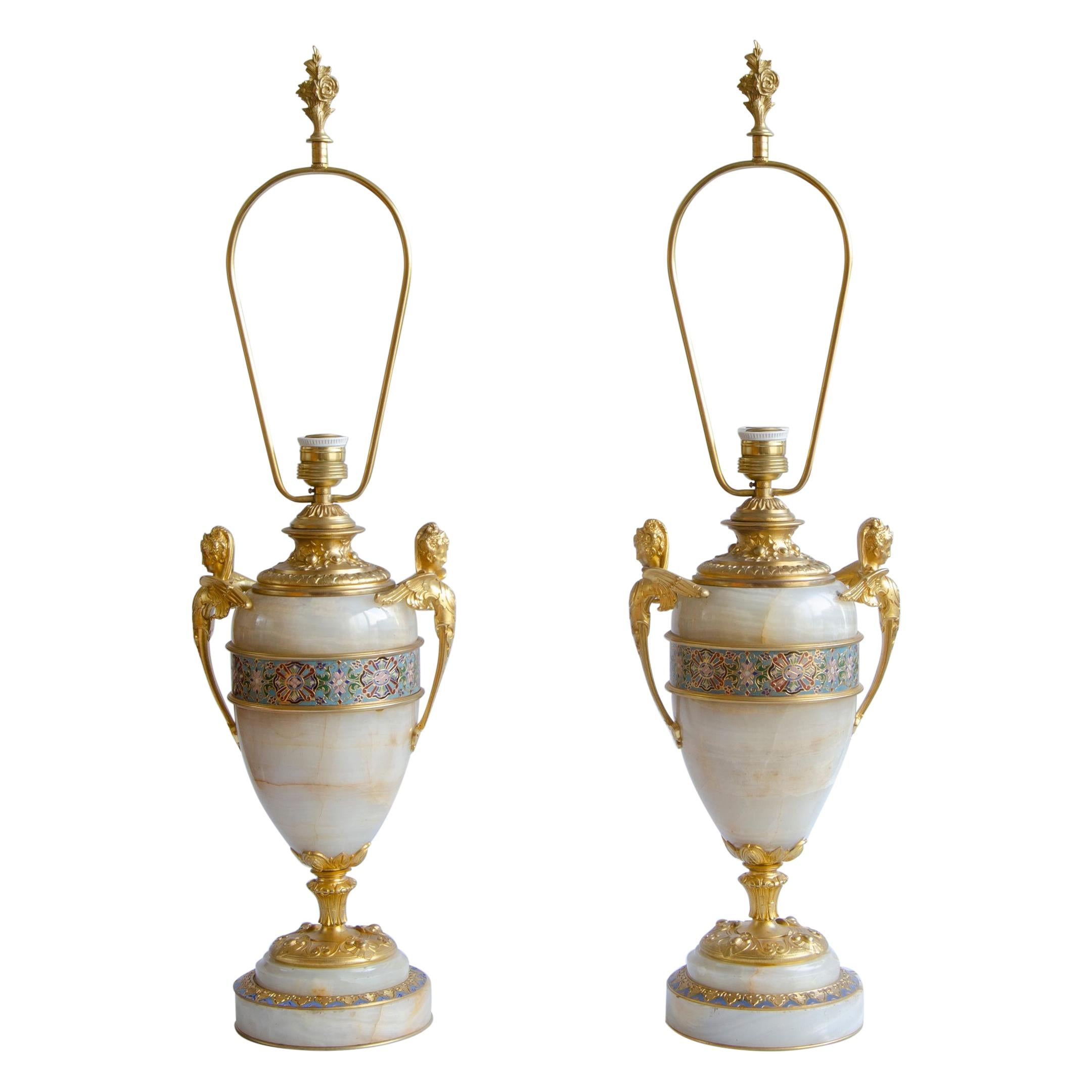 Pair of Napoleon III Lamps marble and enamel For Sale