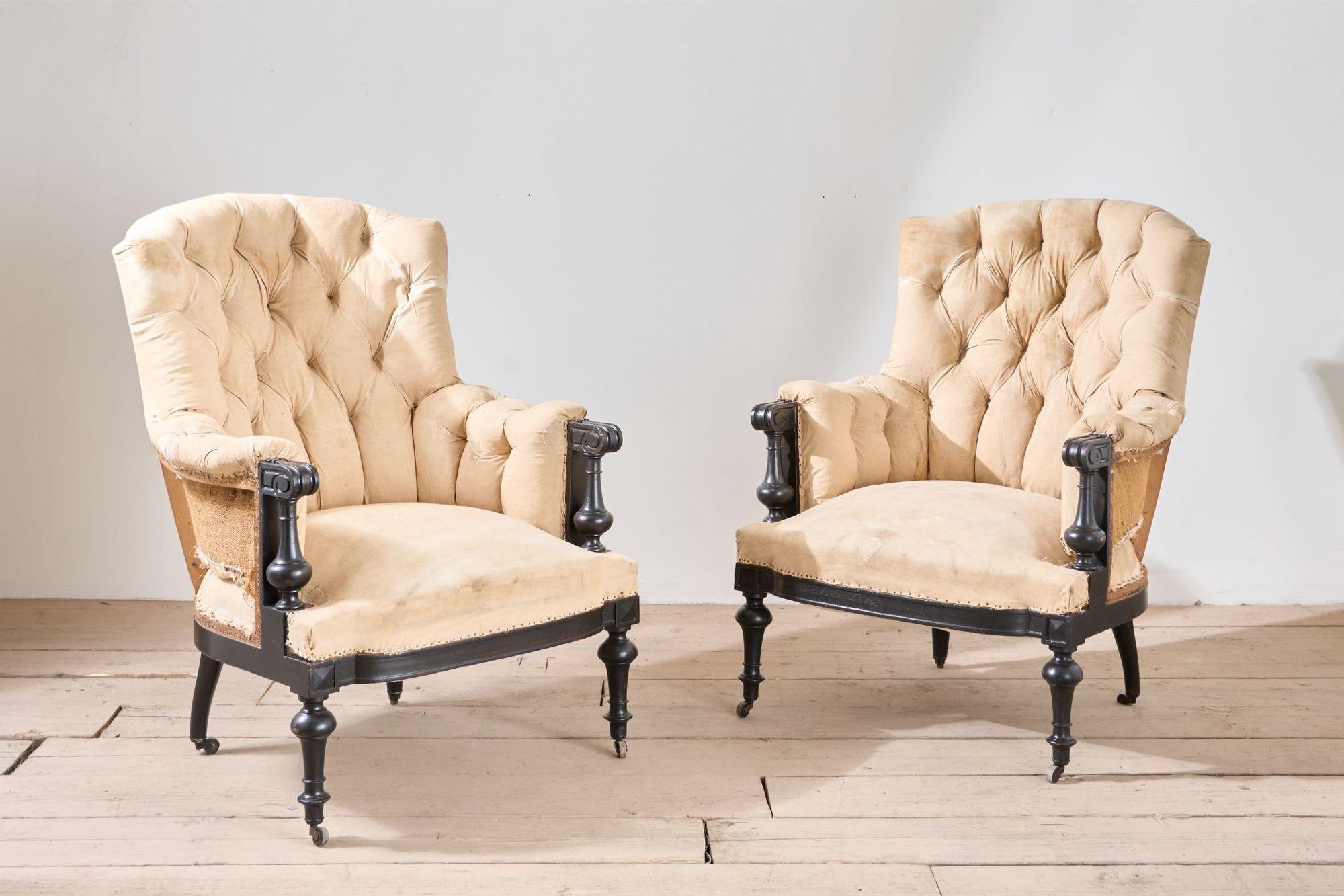 Pair of Napoleon III large buttoned shield back armchairs In Excellent Condition For Sale In Malton, GB