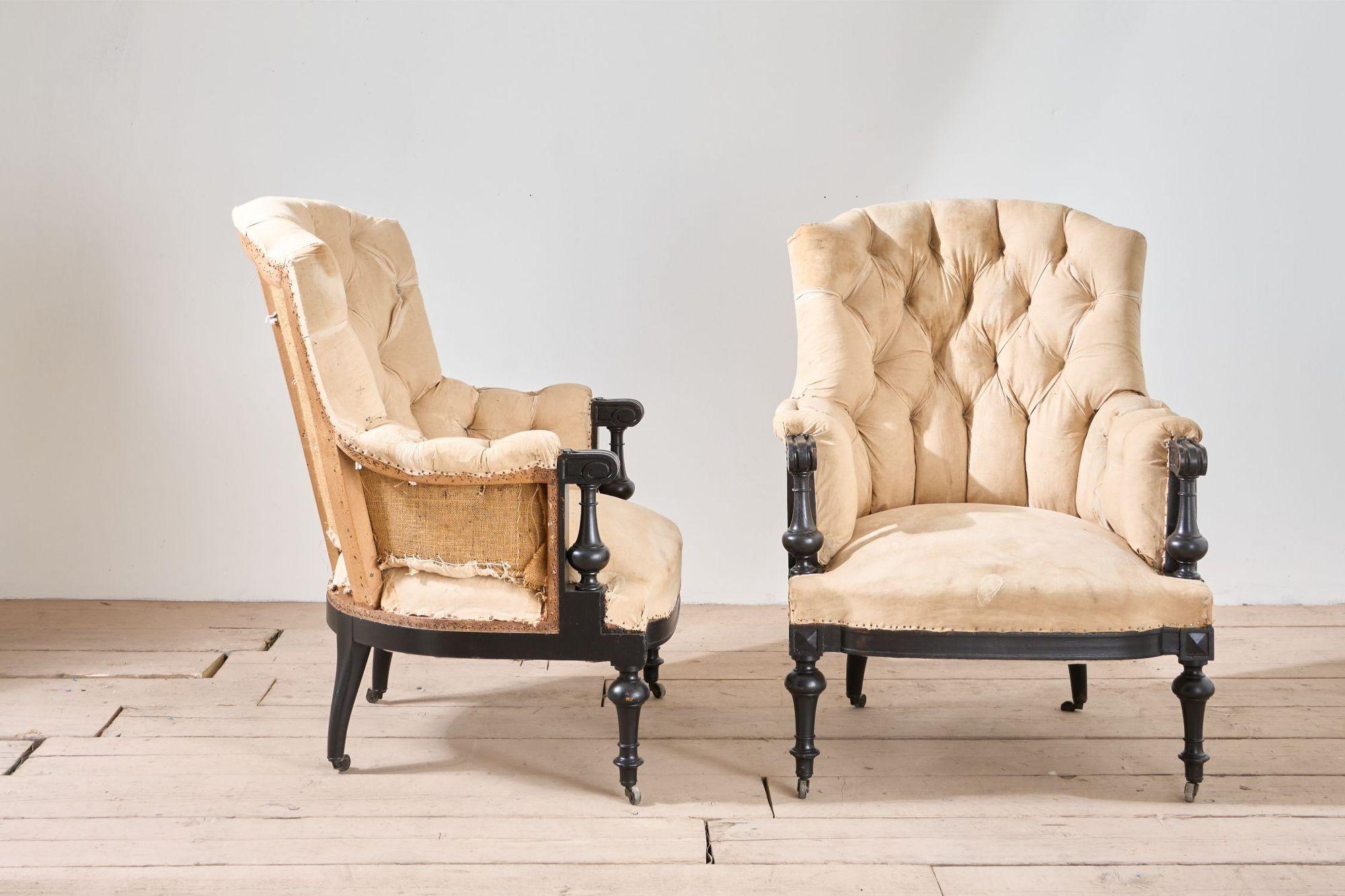 19th Century Pair of Napoleon III large buttoned shield back armchairs For Sale