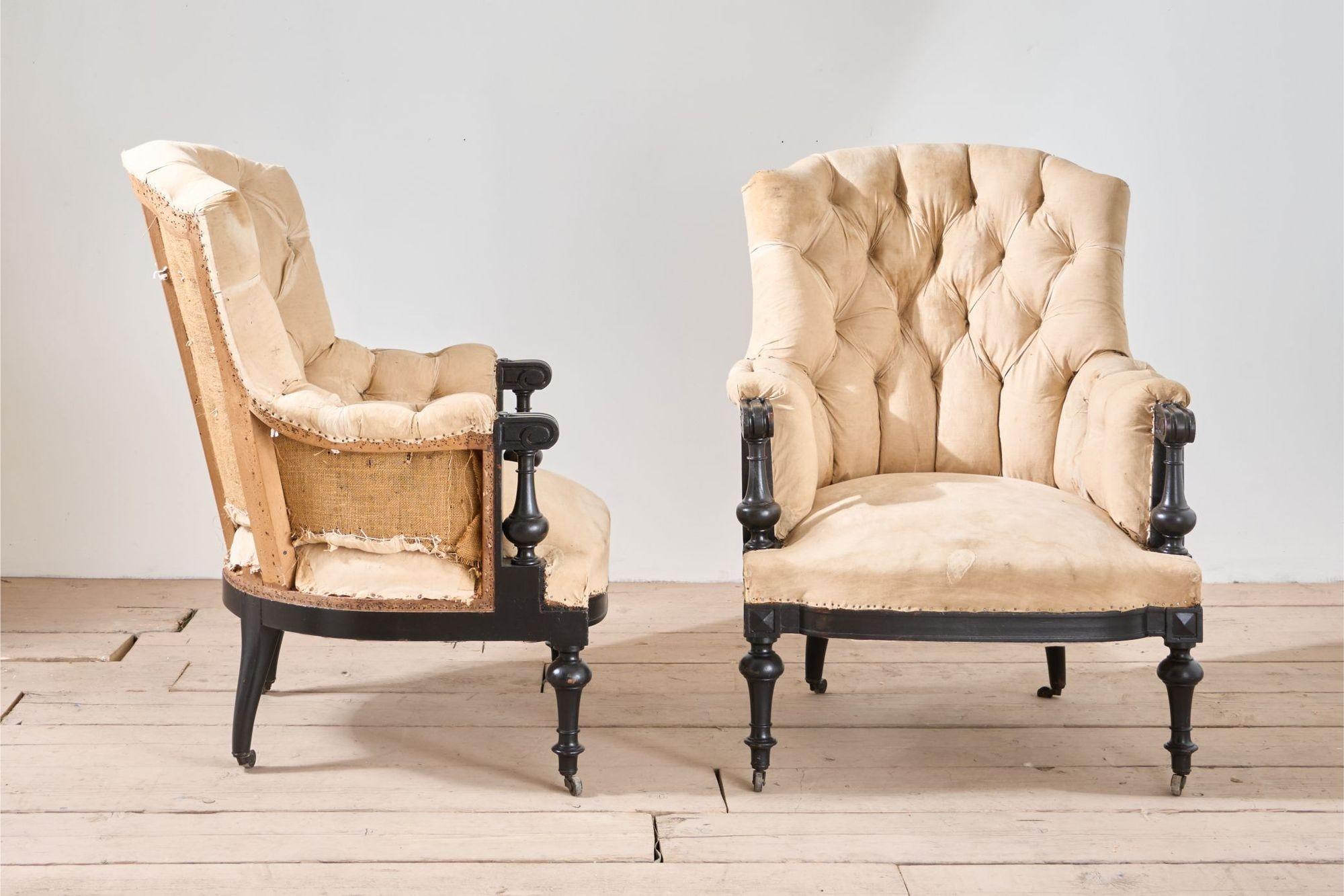 Beech Pair of Napoleon III large buttoned shield back armchairs For Sale