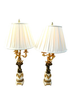 Pair of Napoleon III Louis XVI Style Gilt Bronze Putti Candelabra Lamps