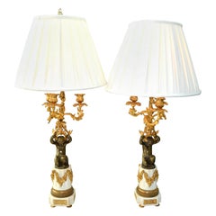 Antique Pair of Napoleon III Louis XVI Style Gilt Bronze Putti Candelabra Lamps