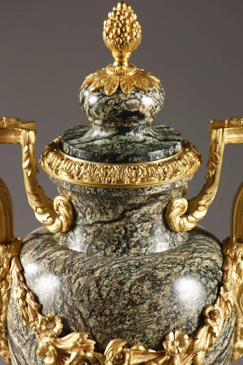 French Pair of Napoleon III Marble and Gilt Bronze Vases, 19th Century For Sale
