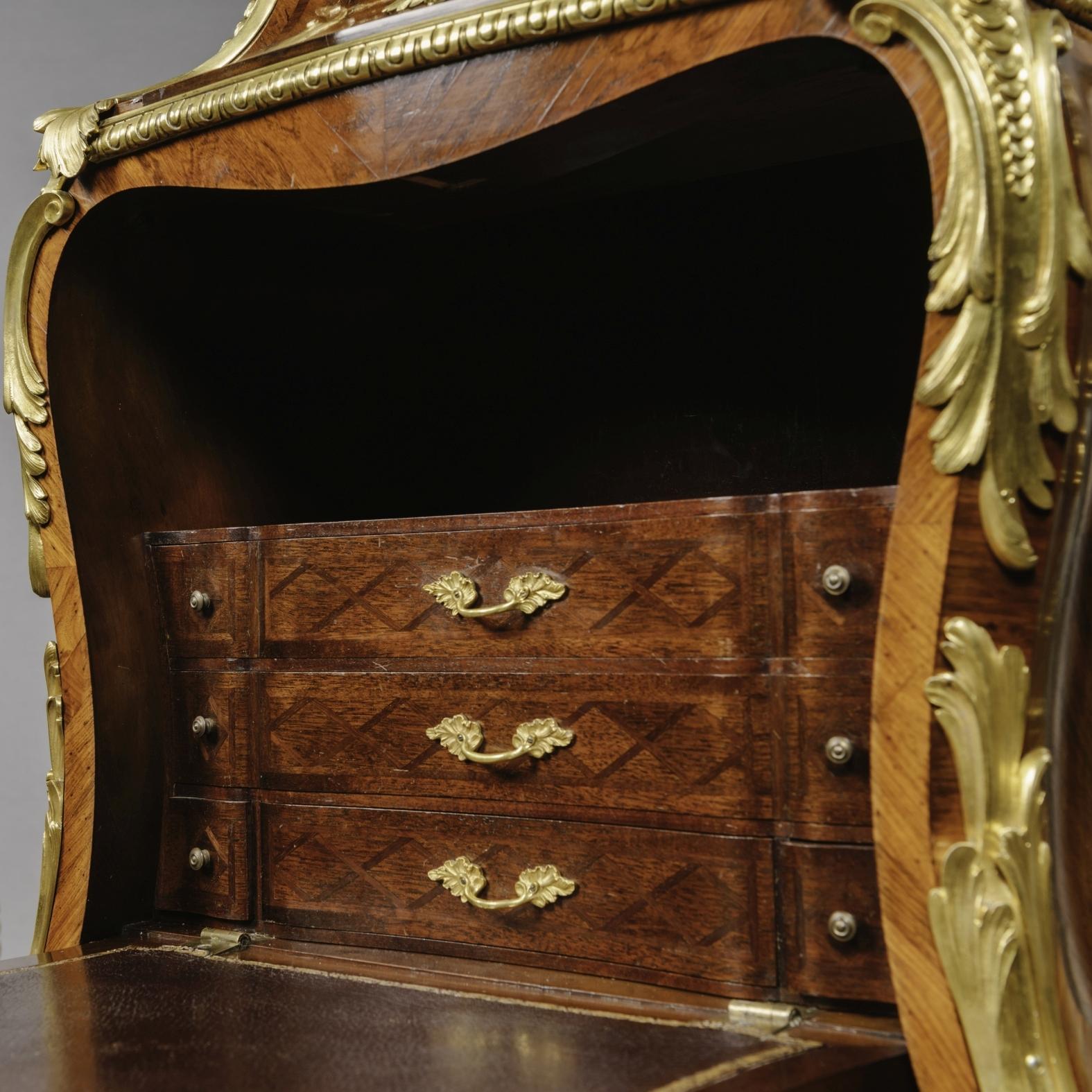 Gilt Pair of Napoleon III Marquetry Inlaid Secrétaires Abbatant For Sale