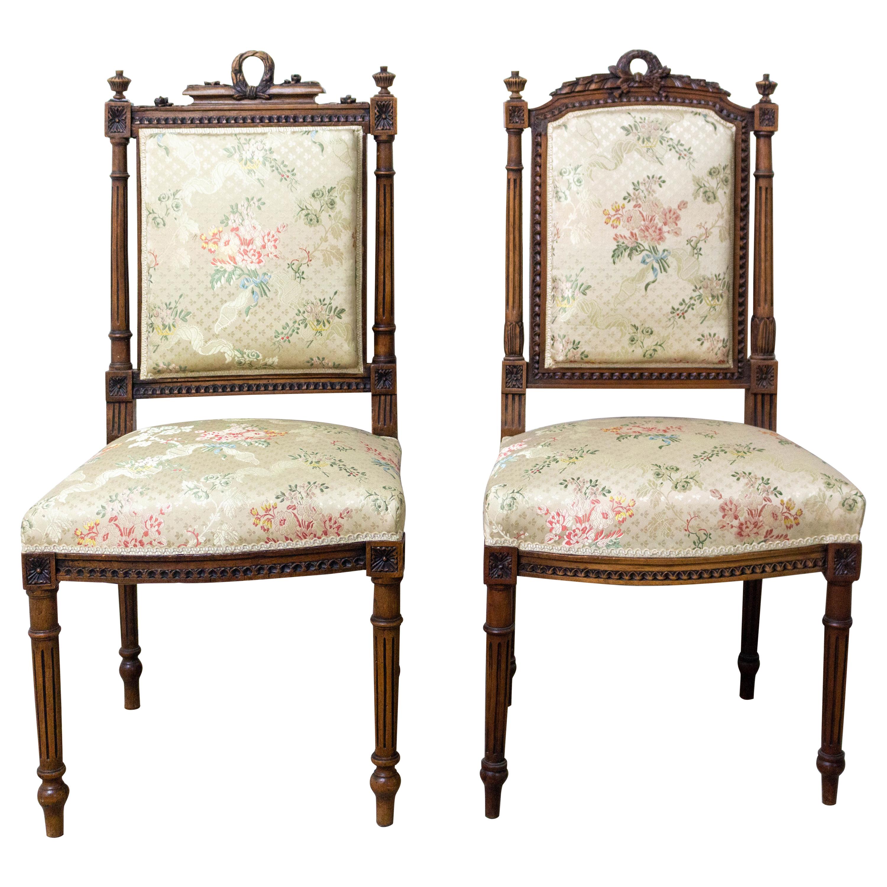 Pair of Napoleon III Oak Chairs Upholstered French, Late 19th Century