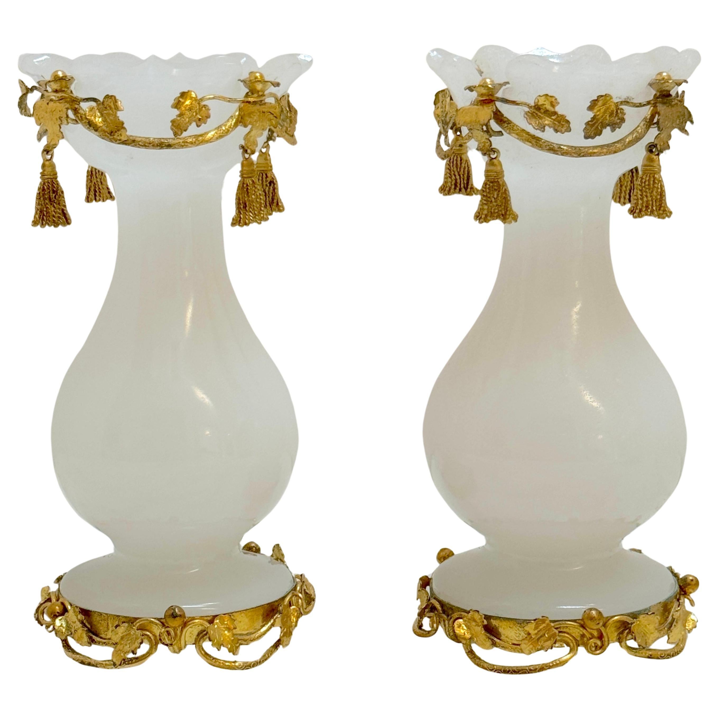 Pair of Napoleon III Opaline Glass & Ormolu Tassel Vases, Paris, Circa 1870s