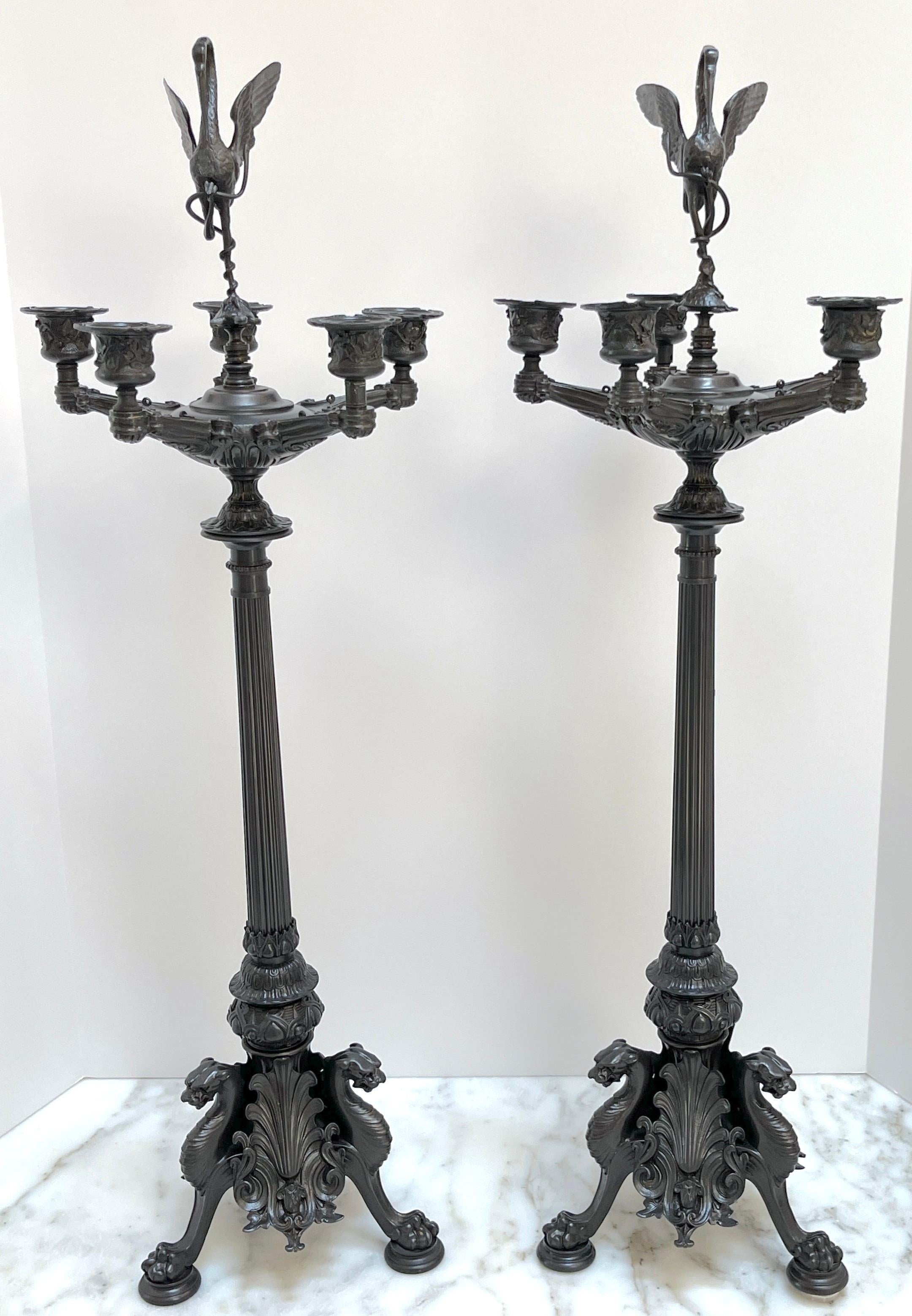 French Pair of Napoleon III Patinated Bronze Patina 5-Light Candelabra, France C 1870s For Sale