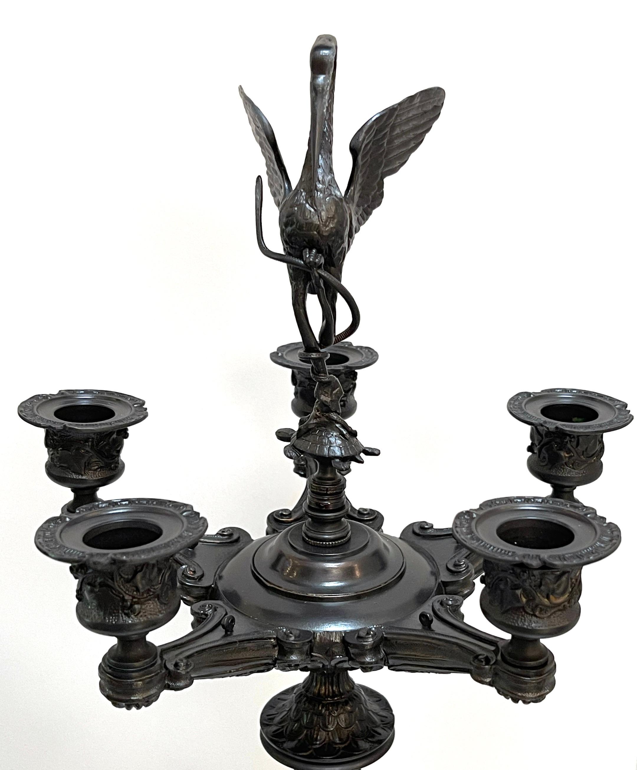 Pair of Napoleon III Patinated Bronze Patina 5-Light Candelabra, France C 1870s In Good Condition For Sale In West Palm Beach, FL