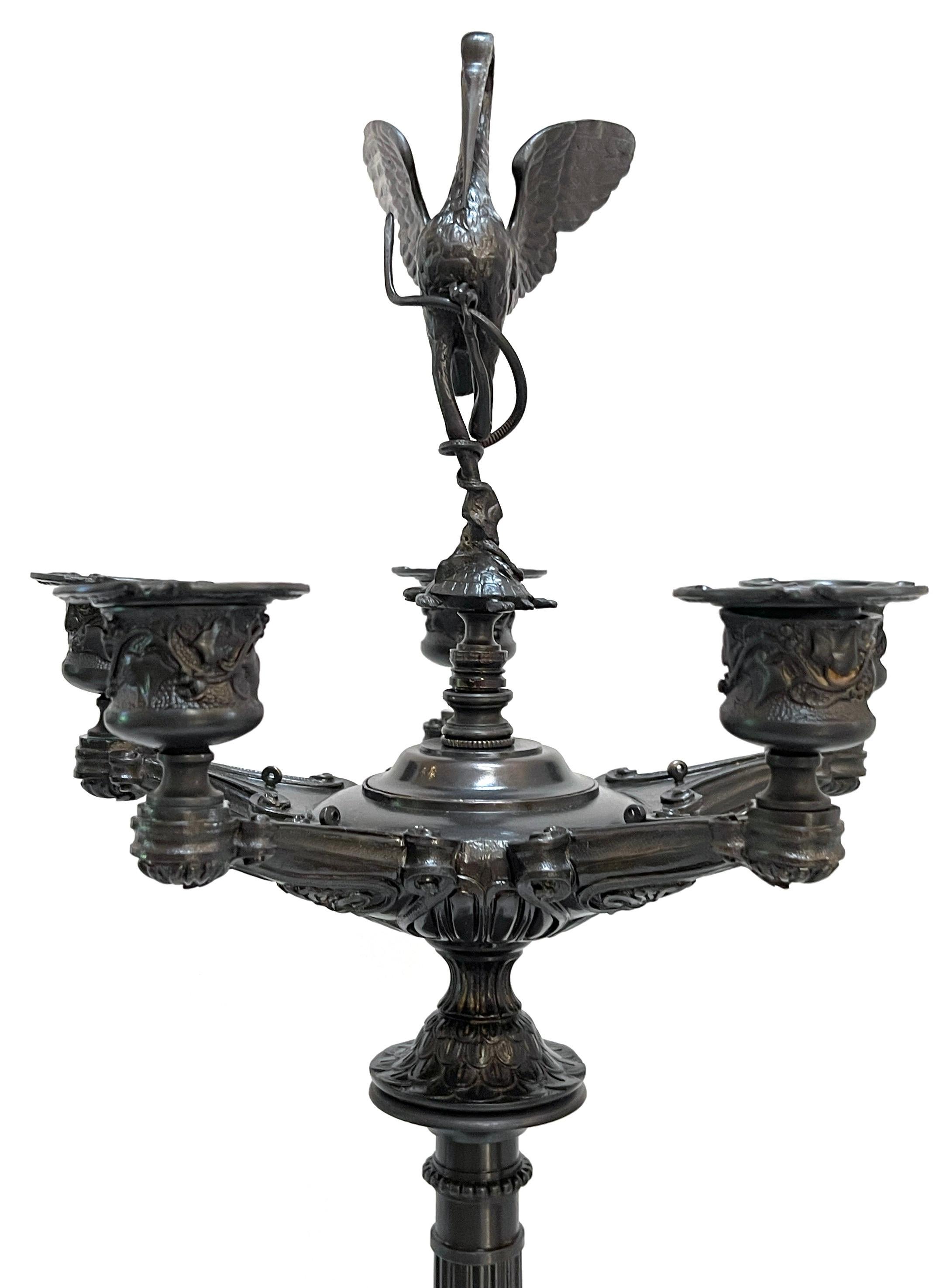 19th Century Pair of Napoleon III Patinated Bronze Patina 5-Light Candelabra, France C 1870s For Sale