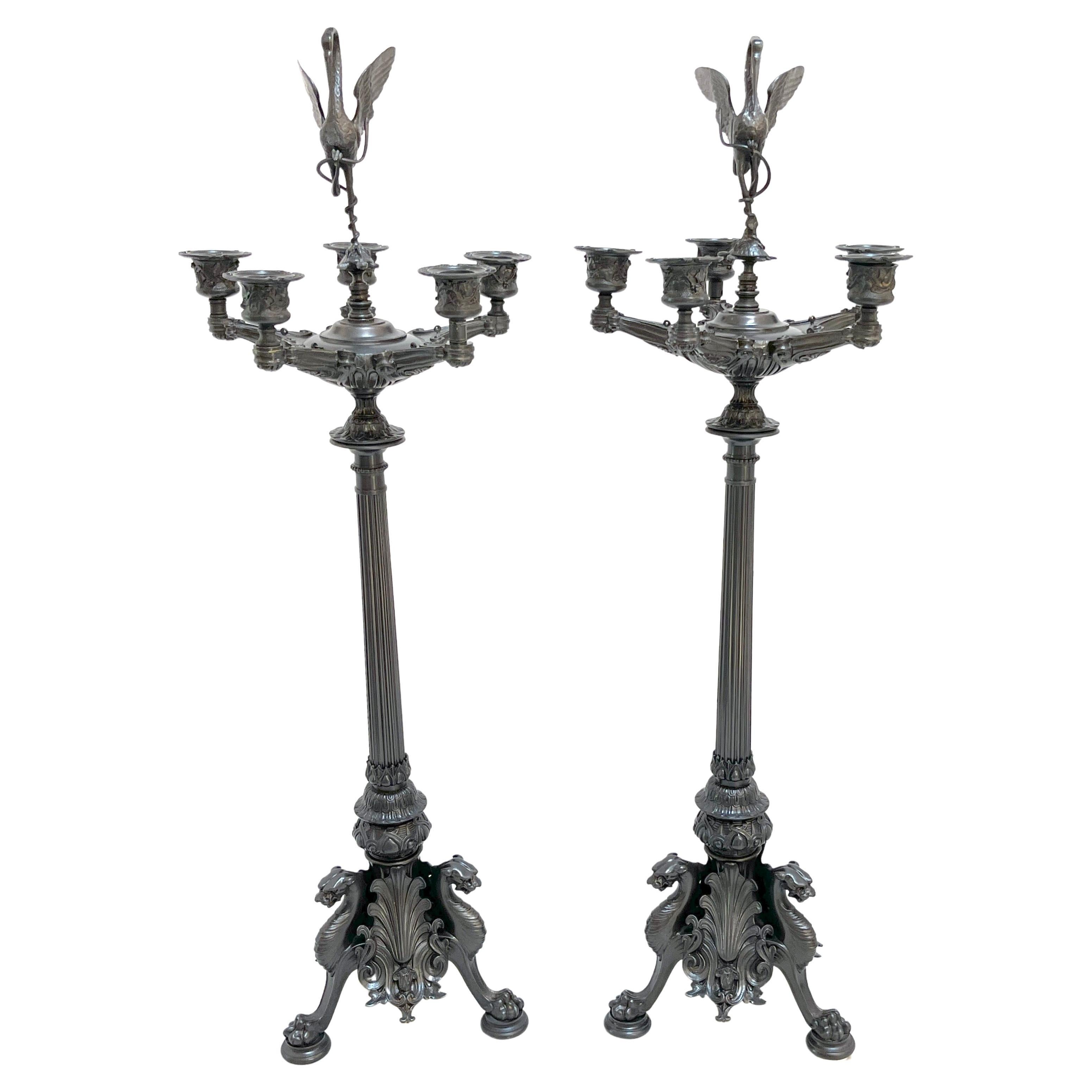 Pair of Napoleon III Patinated Bronze Patina 5-Light Candelabra, France C 1870s For Sale