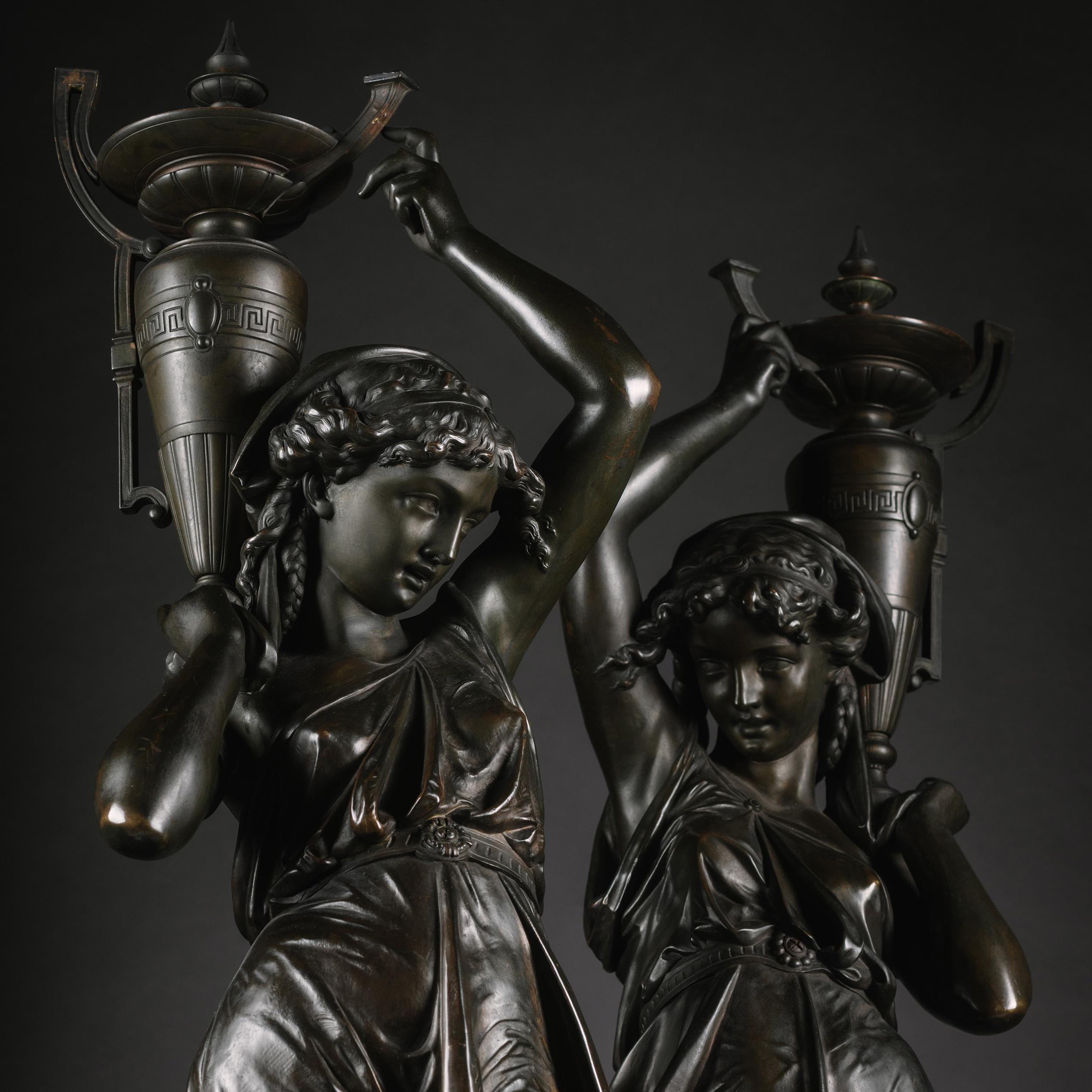 French Pair Of Napoleon III Patrinated-Bronze Figures, by Victor Paillard For Sale