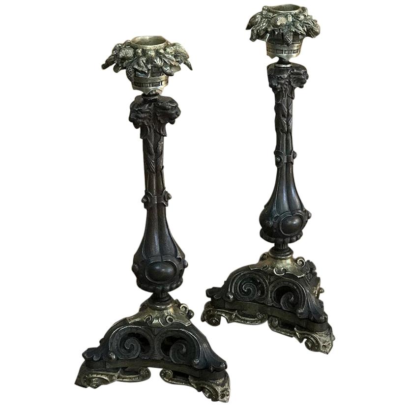 Pair of Napoleon III Period Candlesticks in Porcelain and Golden Bronze ...