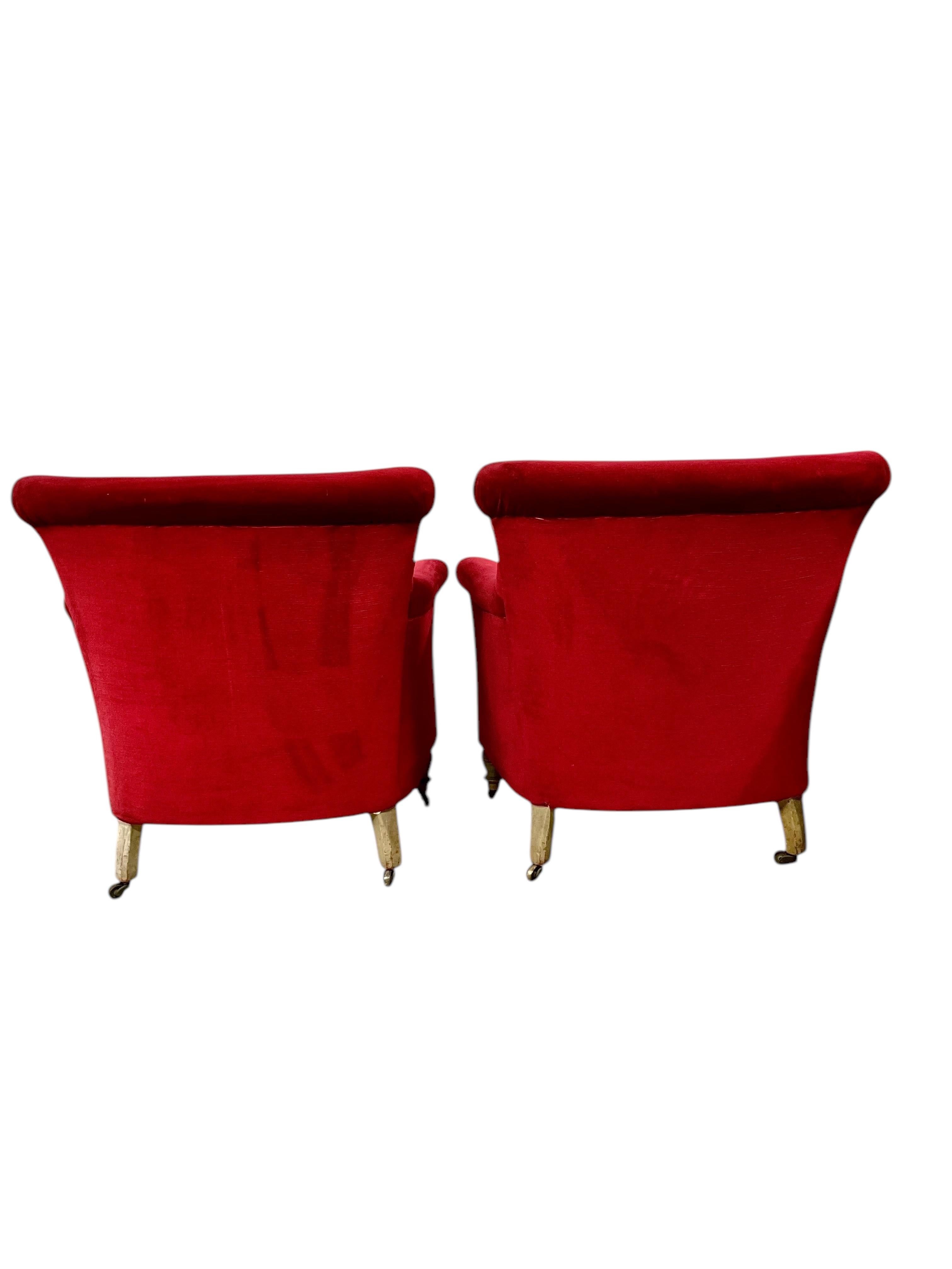 Pareja de sillas bergere de terciopelo carmesí con ruedas del periodo Napoleón III en Bueno estado para la venta en LA CIOTAT, FR