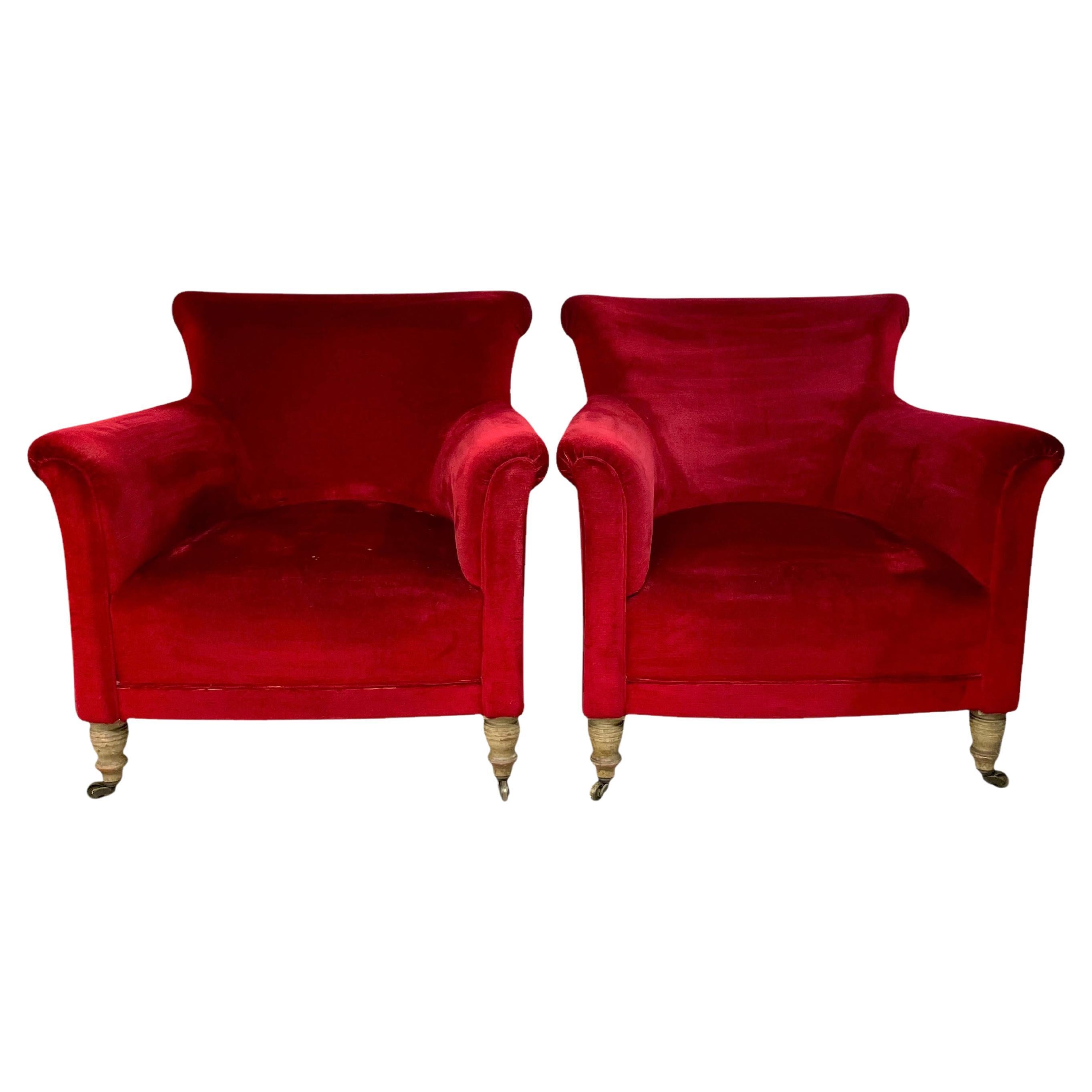 Pair of Napoleon III Period Crimson Velvet Bergere Chairs with wheels