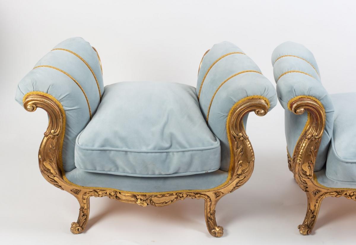 Gilt Pair of Napoleon III Period Golden Wooden Benches