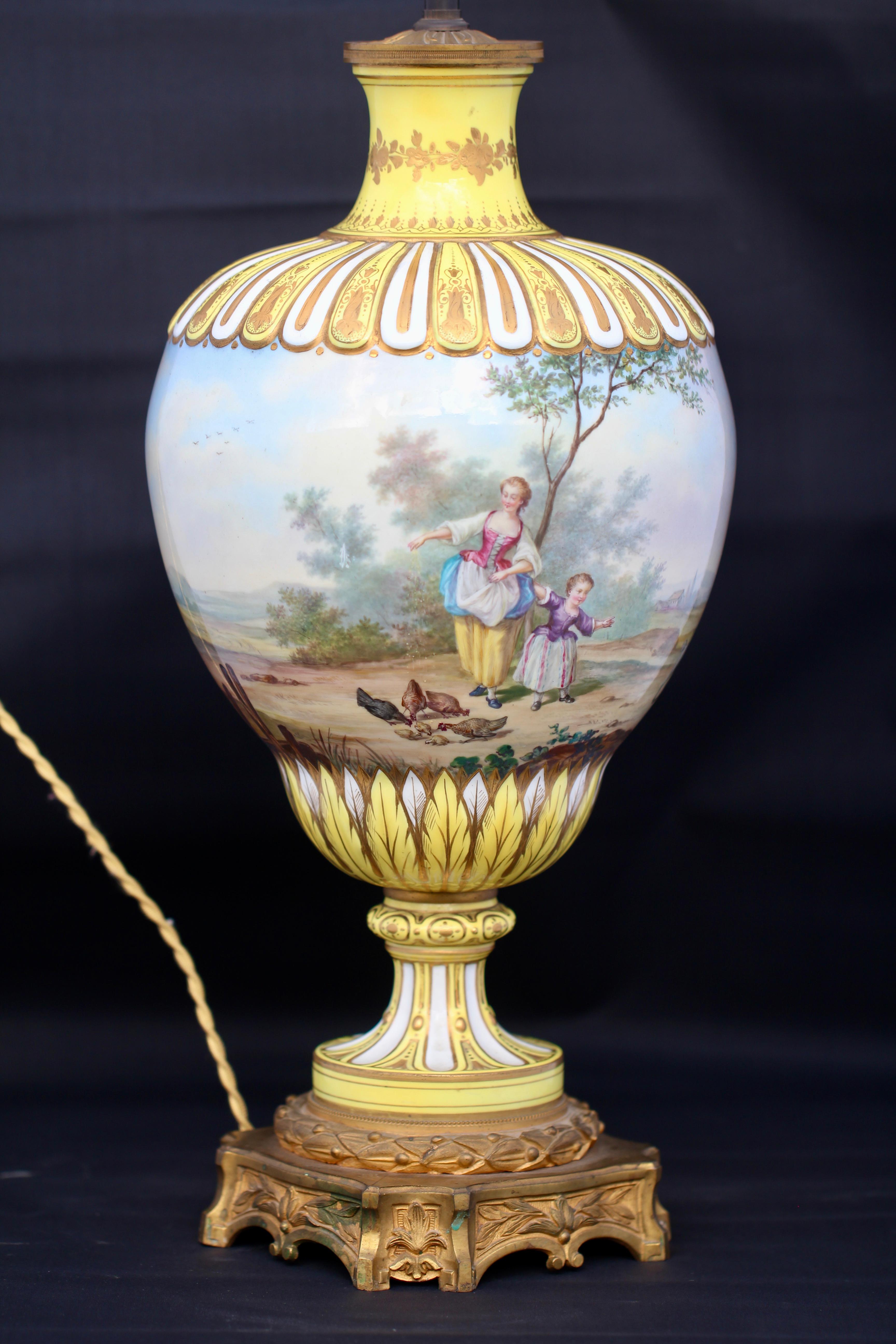 Napoleon III Pair of Napoléon III Polychromed Porcelain Vases Ormolu-Mounted in Lamps