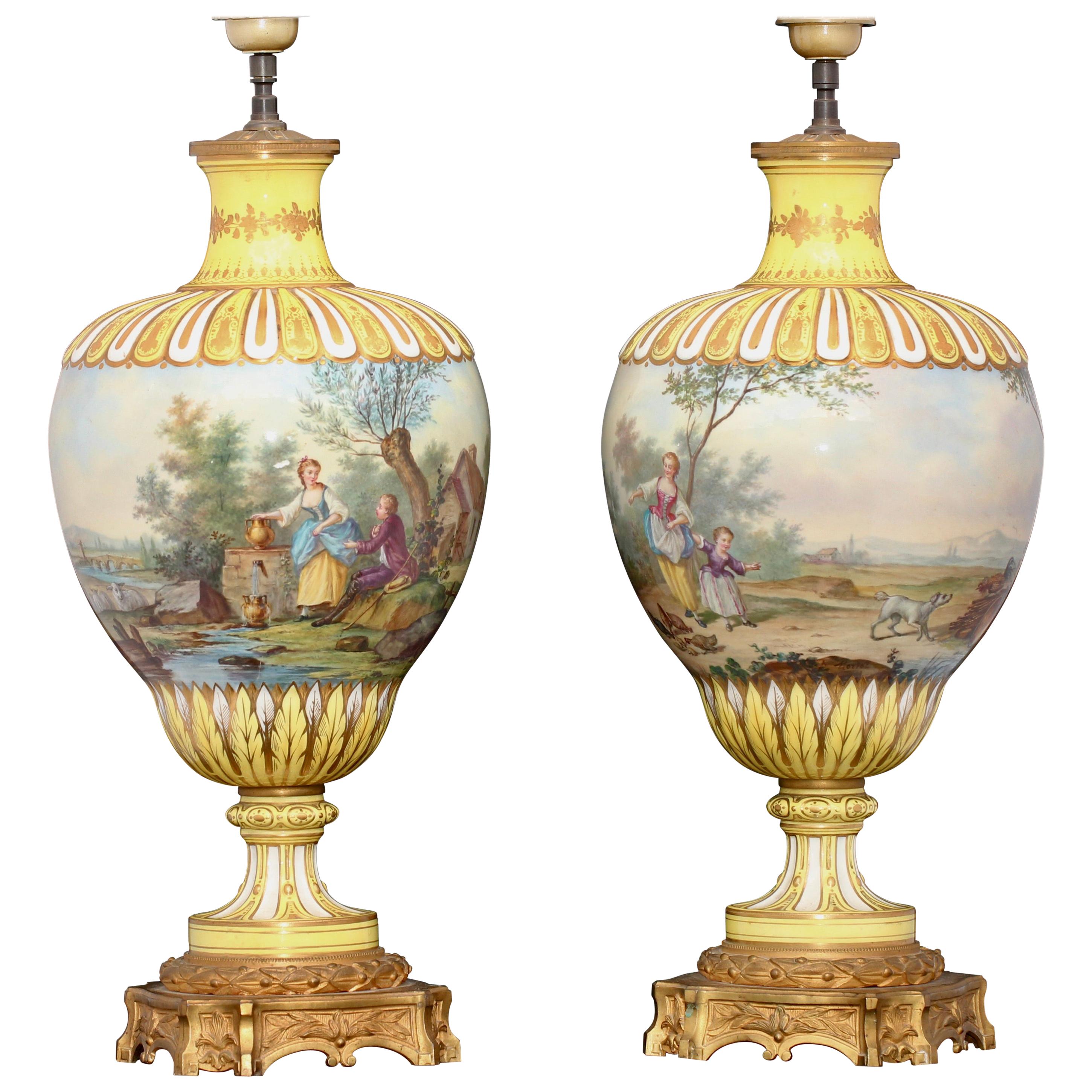 Pair of Napoléon III Polychromed Porcelain Vases Ormolu-Mounted in Lamps