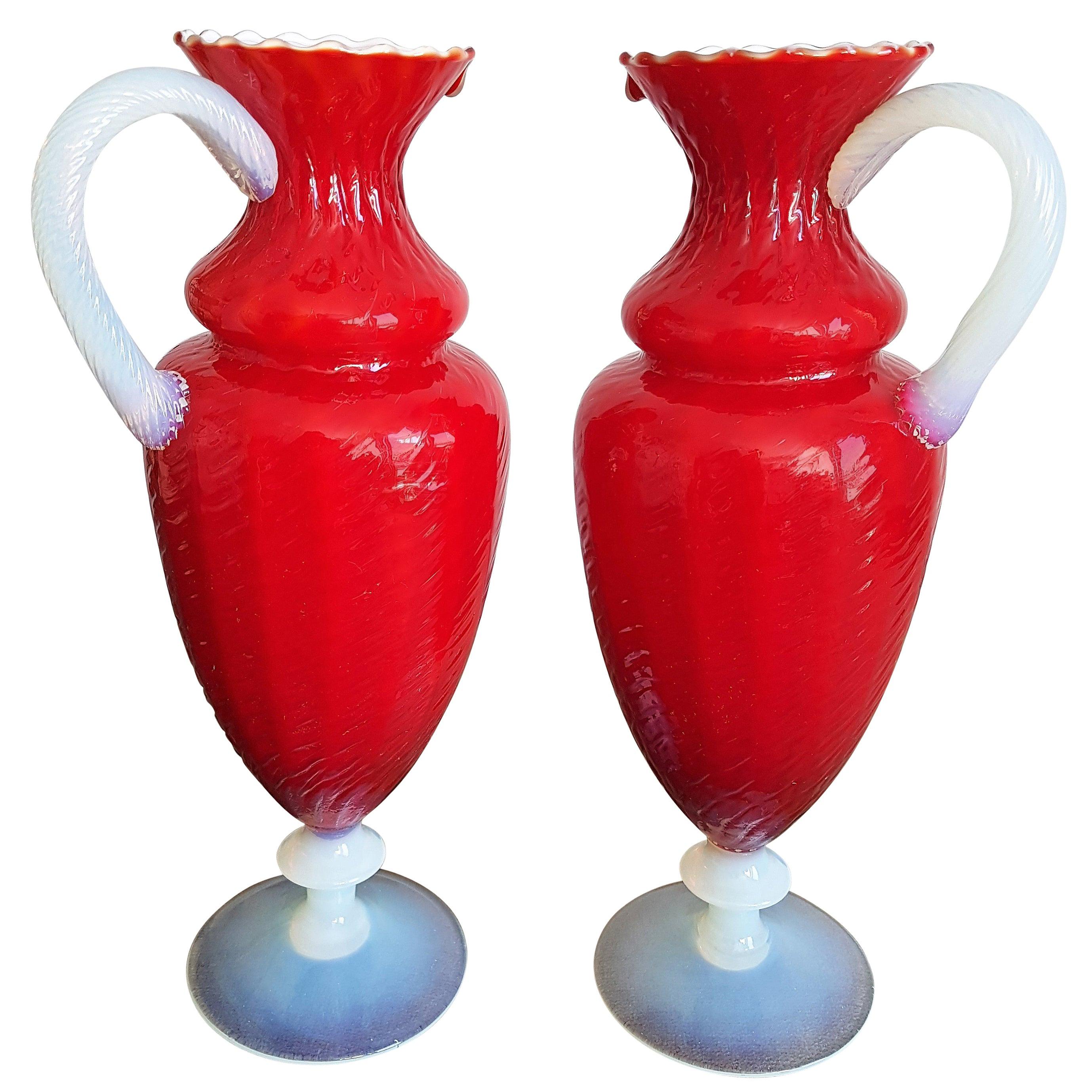 Pair of Napoleon III Red and White Opaline Vases Pitchers, France, 19th Century