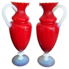Pair of Napoleon III Red and White Opaline Vases Pitchers, France, 19th Century