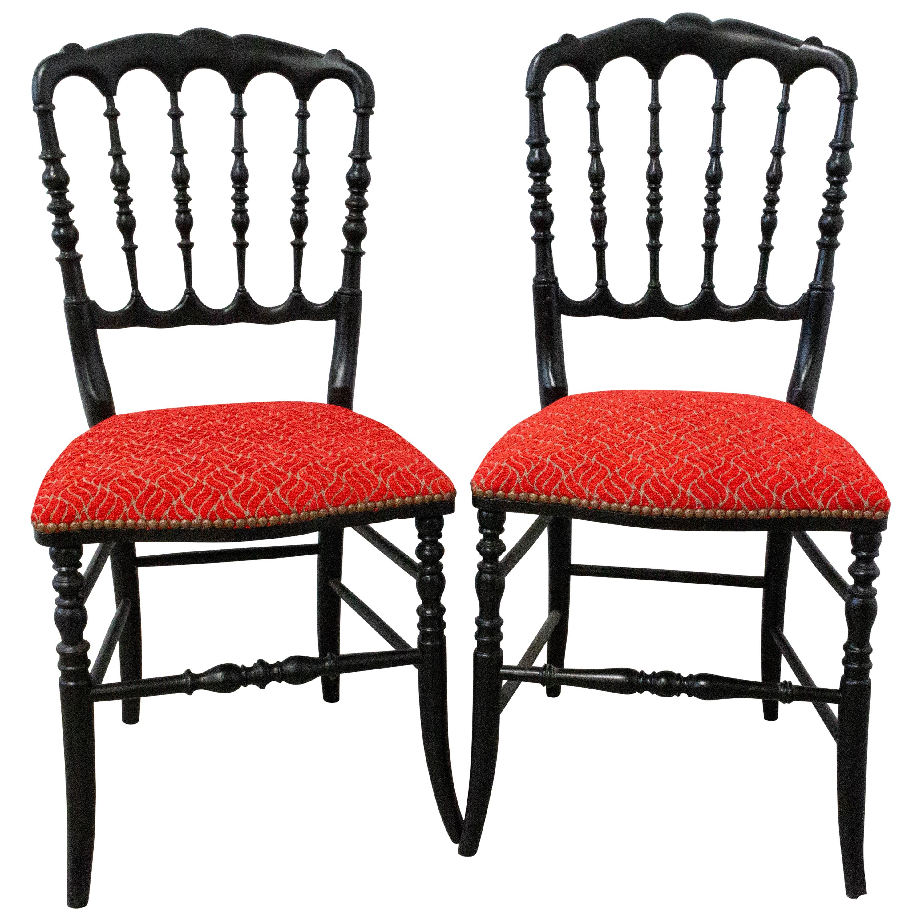 Pair of Napoleon III Red Chairs Upholstered French, Late 19th Century