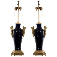 Pair of Napoleon III Sevres Cobalt Blue Vase Lamps, circa 1865