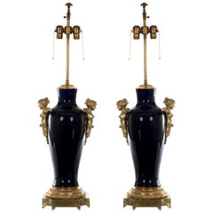 Antique Pair of Napoleon III Sevres Cobalt Blue Vase Lamps, circa 1865