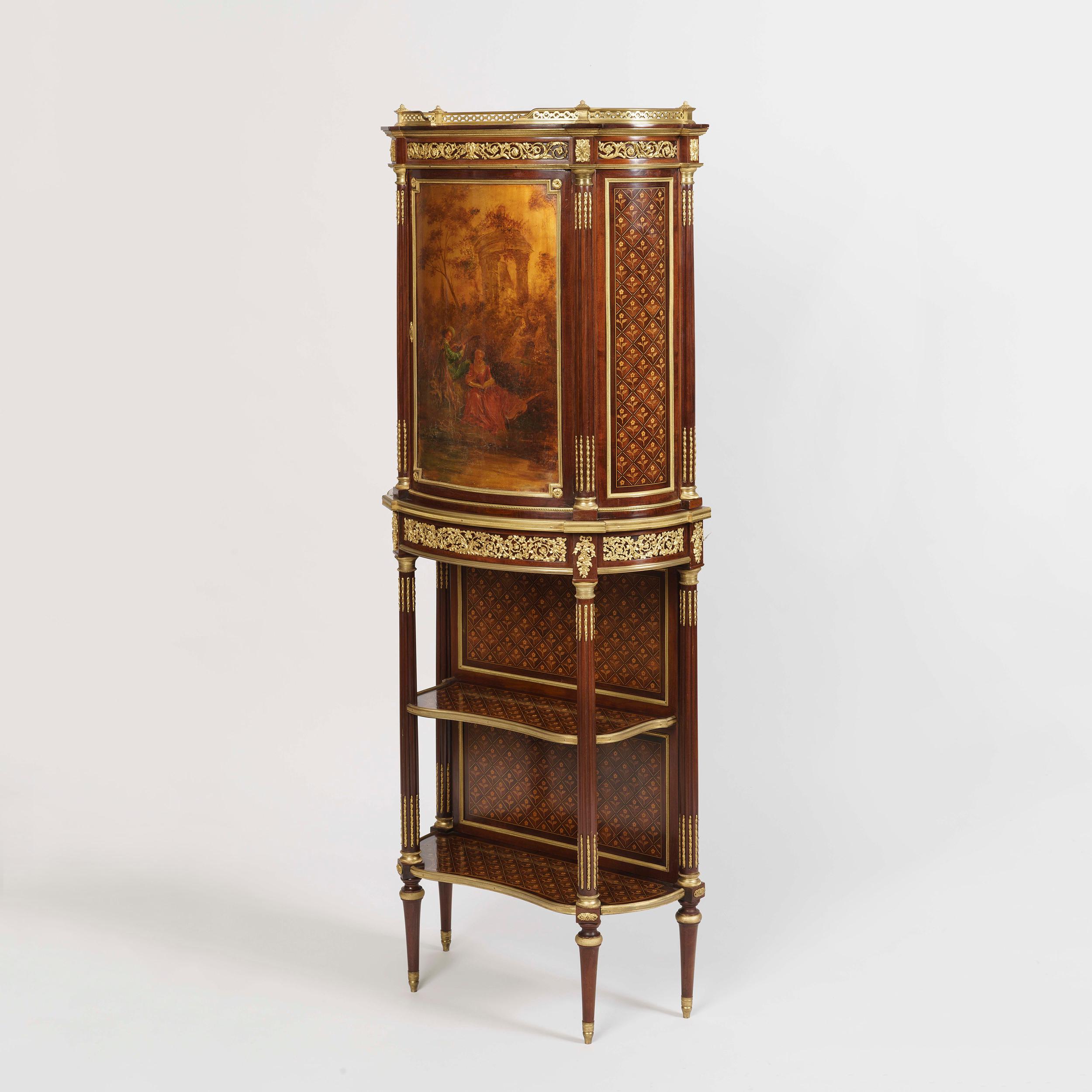 A Harlequin Pair of Napoleon III Meubles d'Entre-Deux
 
Of serpentine demilune form, constructed employing mahogany, with extensive use of marquetry foliates, and gold ground upper door panels, painted in the Vernis Martin manner depicting fête