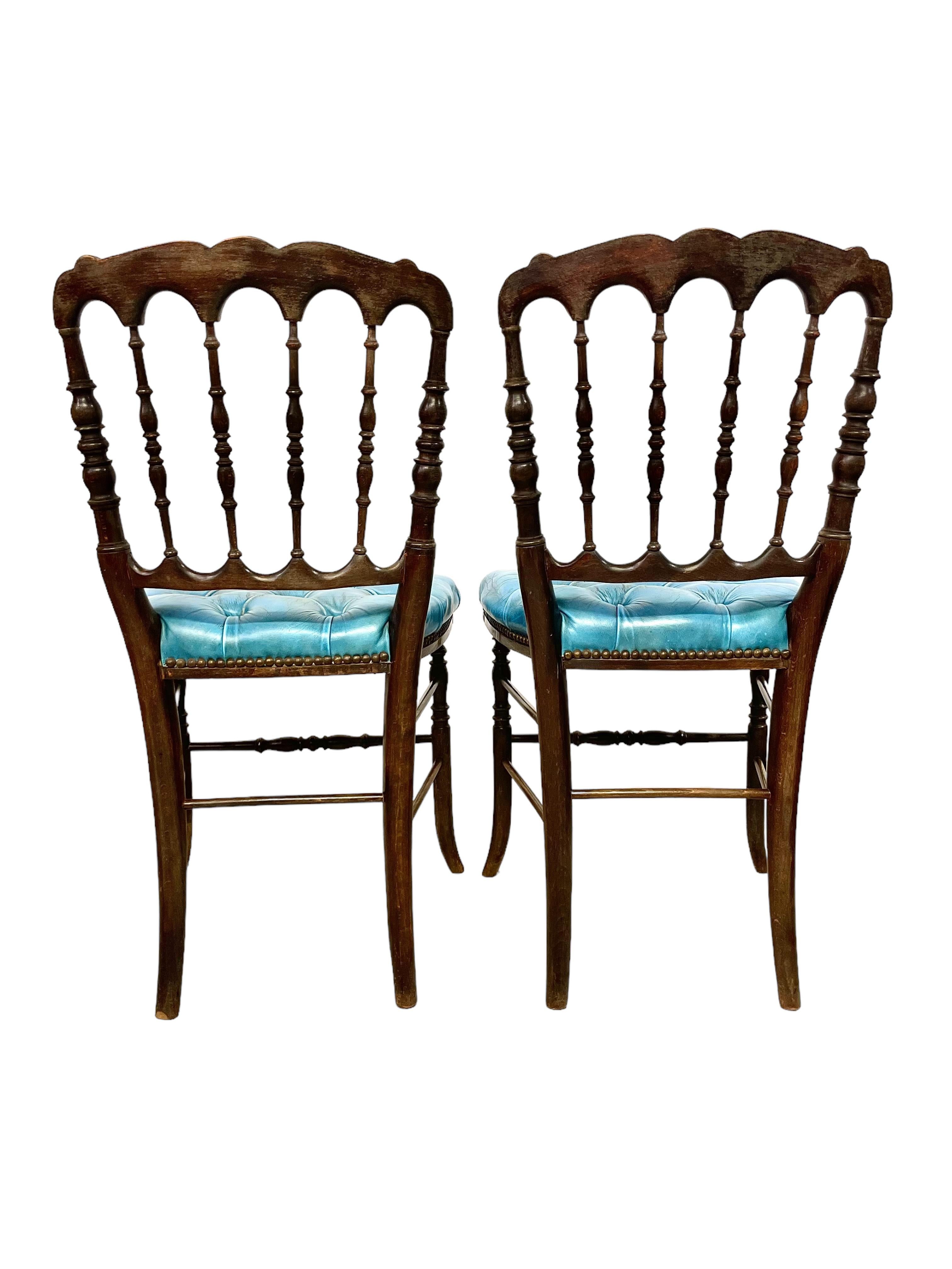 Pair of Napoleon III Side Chairs with Blue Leather Upholstery For Sale 4